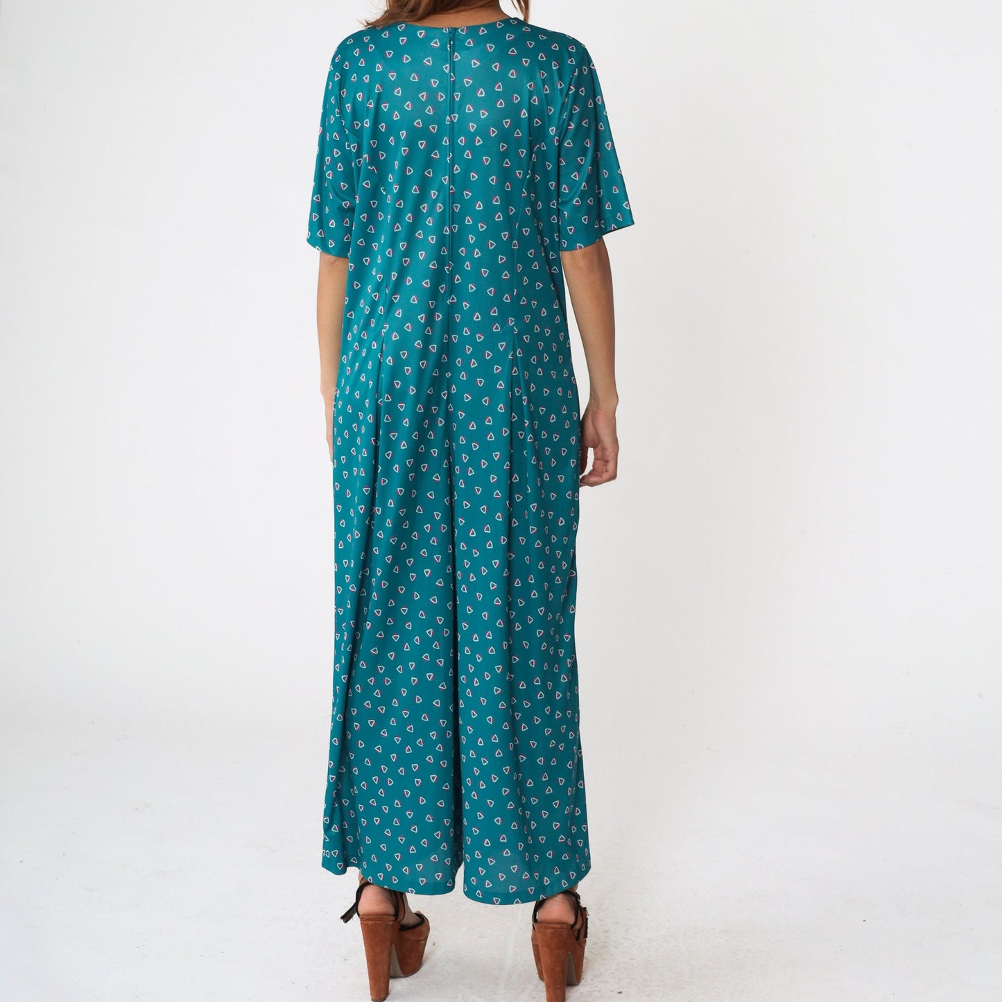 90s Lane Bryant Teal Geometric Wide Leg Jumpsuit Scoop Neck Large XL