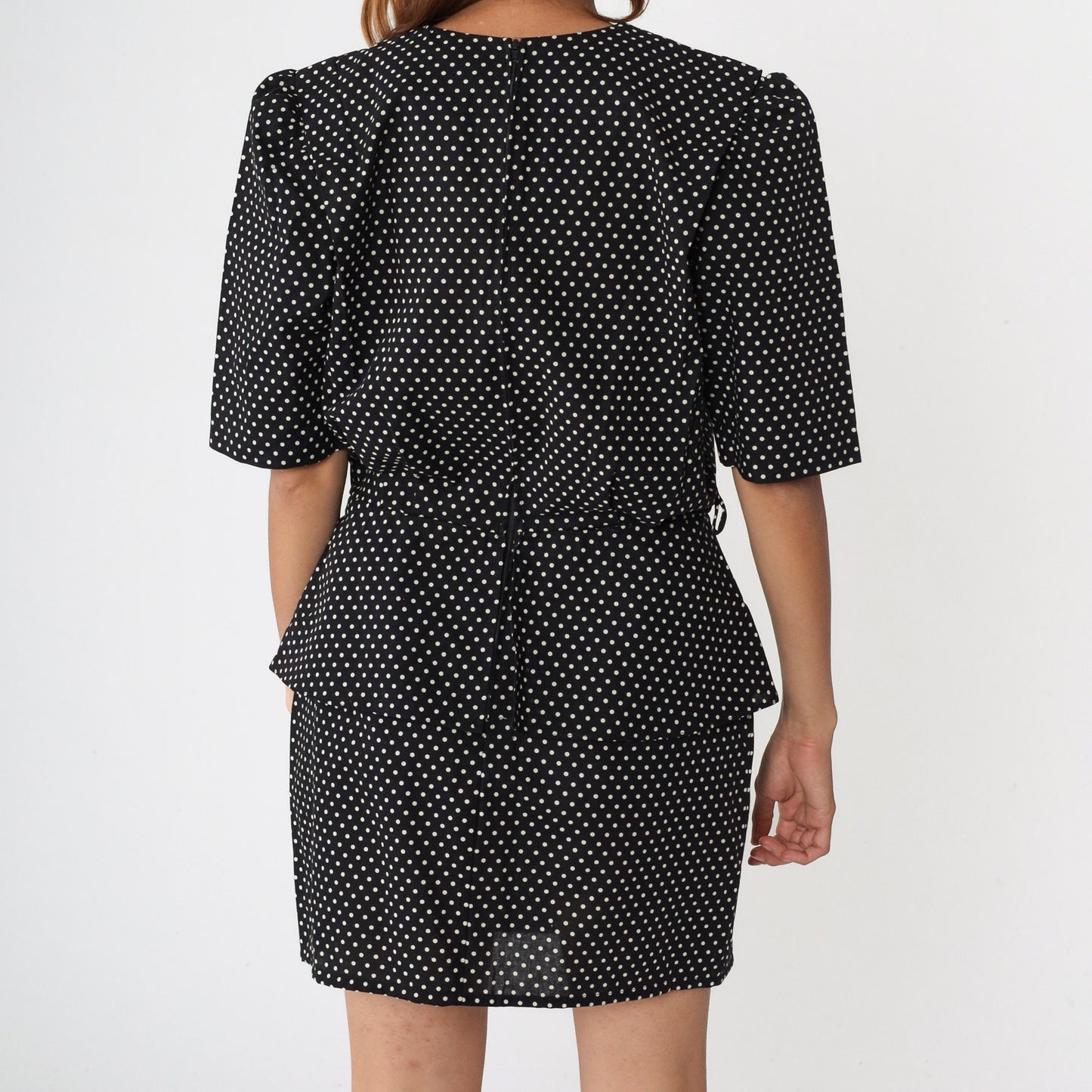 80s Black Polka Dot Peplum Mini Dress Puff Sleeve Lace Trim Medium