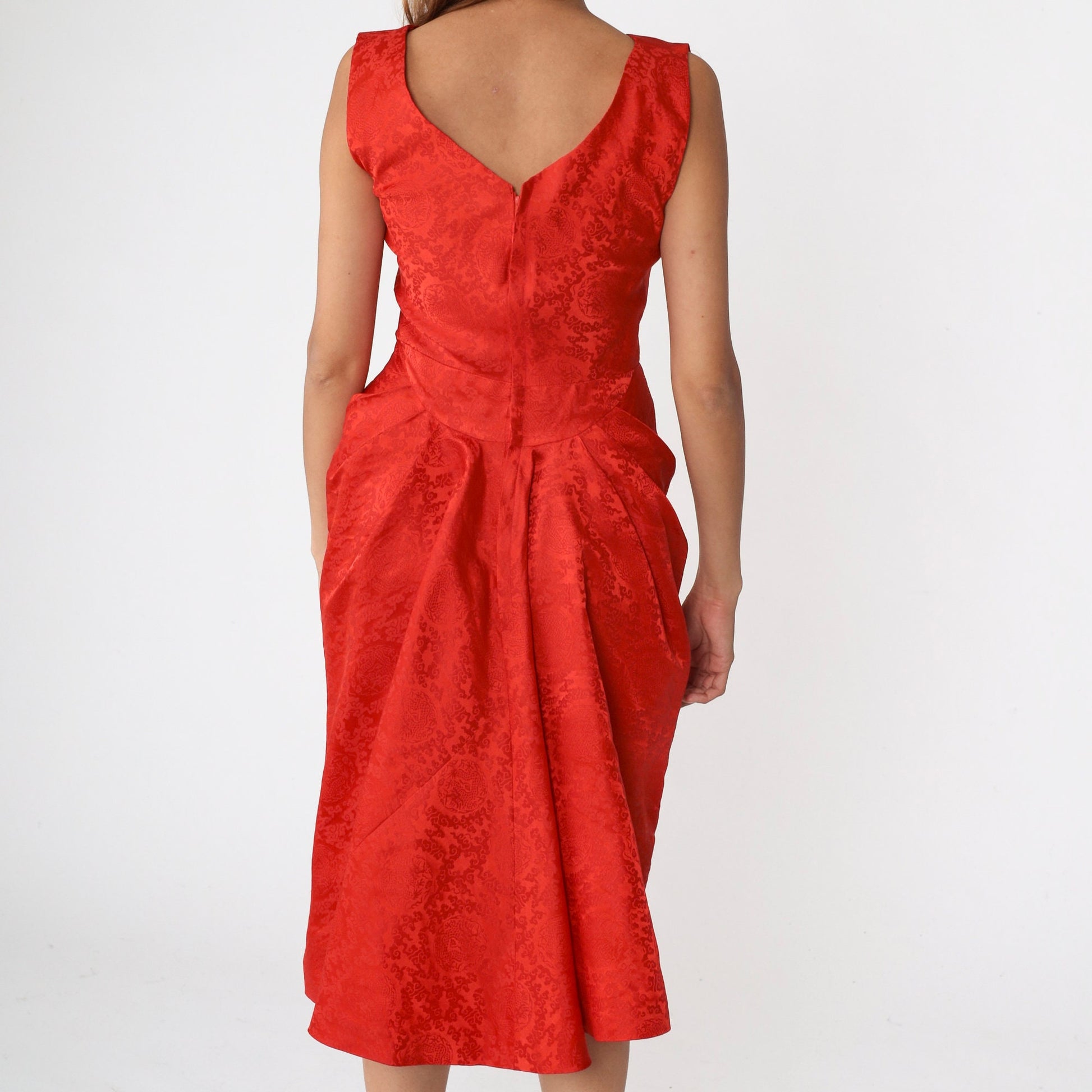 1960s Red Brocade Dragon Midi Dress Hourglass V-Neck Sleeveless Small S