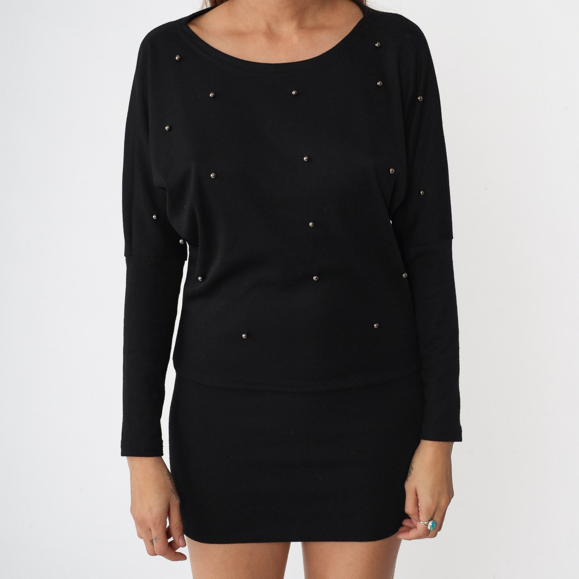80s Black Beaded Bodycon Minidress Dolman Sleeve Party Dress Small Medium