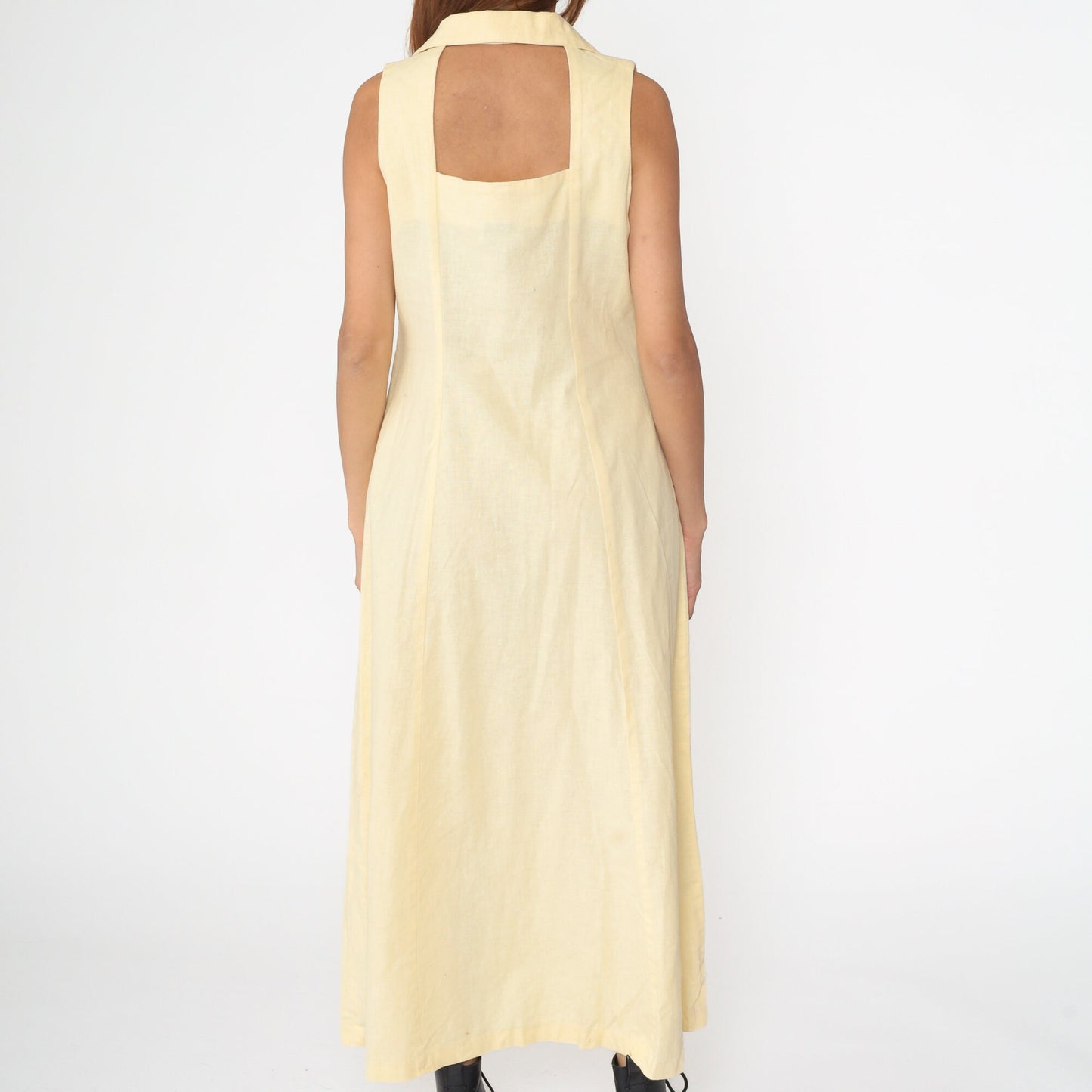 90s Pale Yellow Linen Midi Dress Keyhole Back Button-Up Sleeveless Large