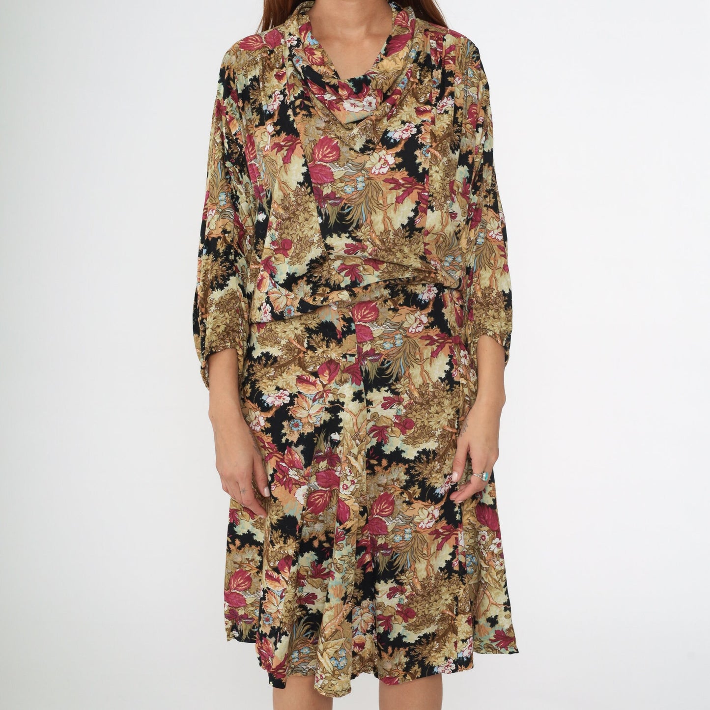 90s Floral Cowl Neck Dress Knee Length Dolman Sleeve Rayon Medium