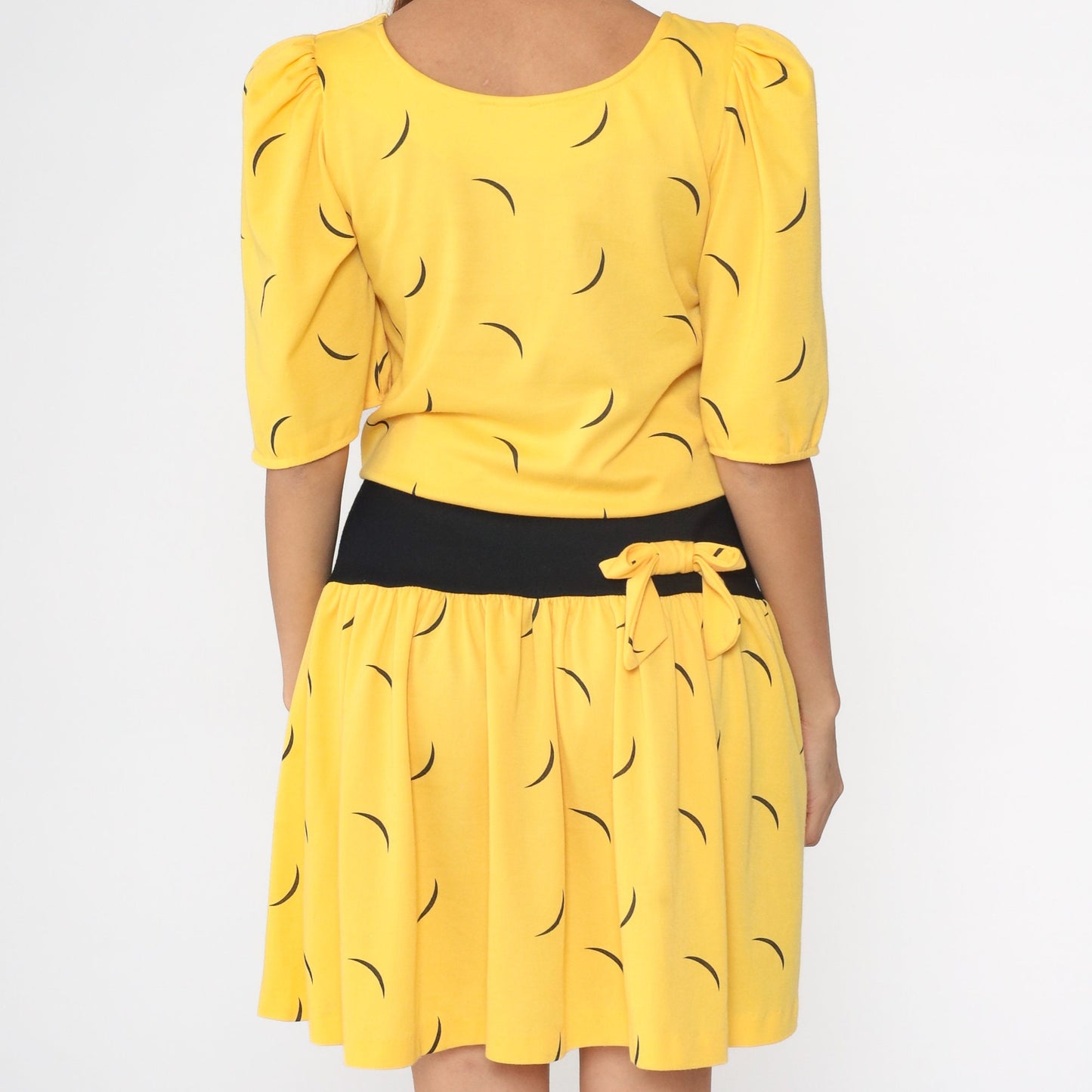 80s Yellow Black Abstract Line Print Mini Dress Tie Waist Small