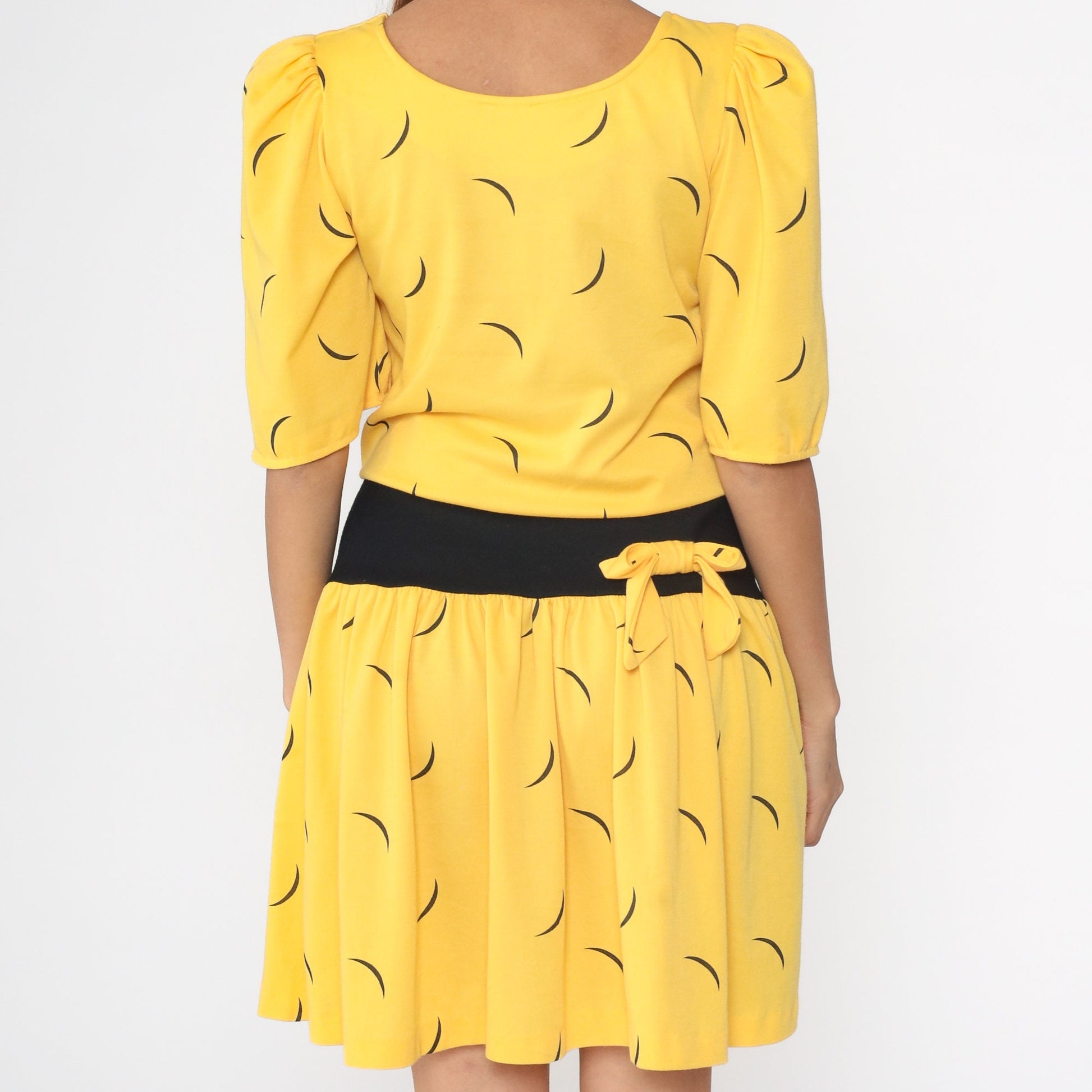 80s Yellow Black Abstract Line Print Mini Dress Tie Waist Small