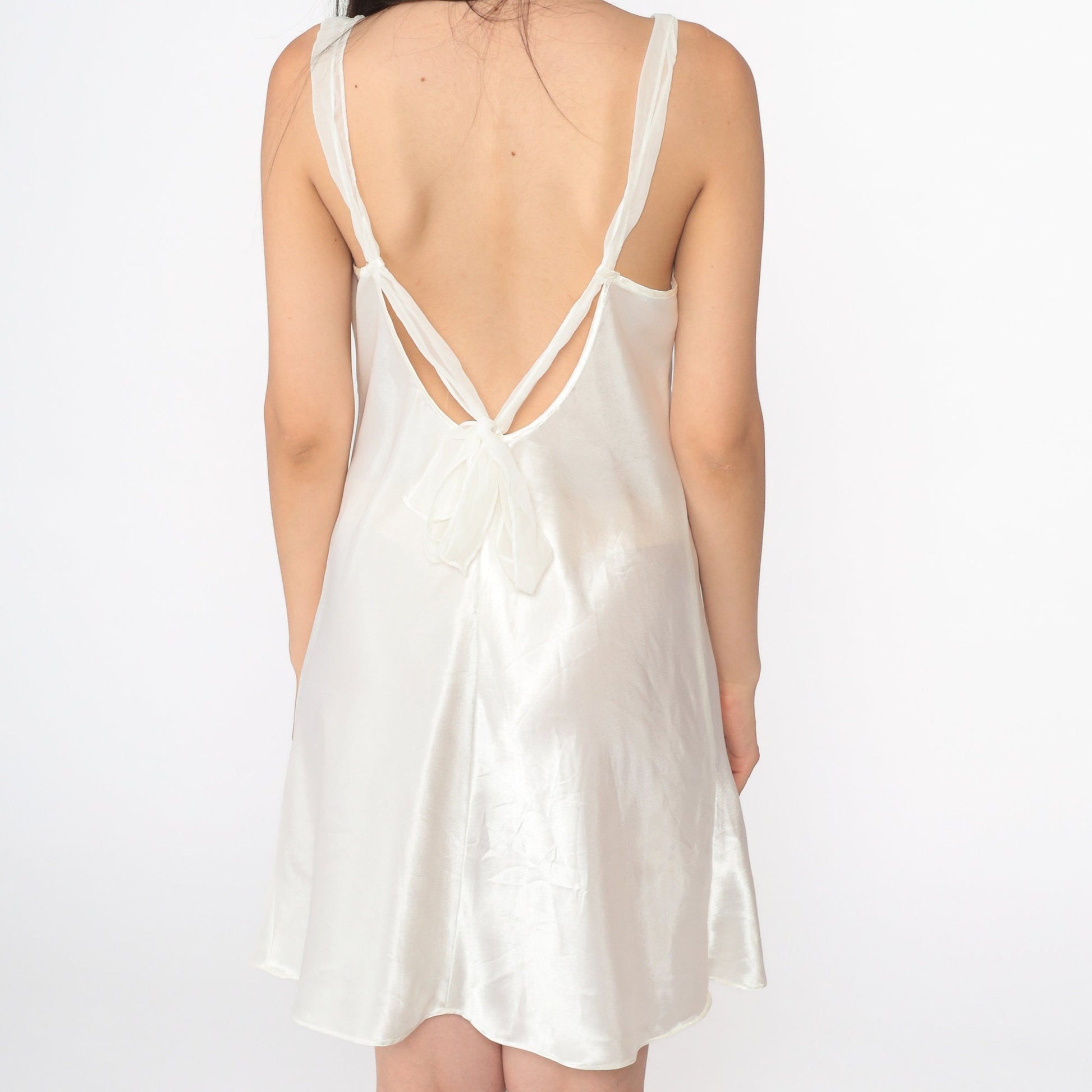 90s White Satin Slip Dress Pearl Beaded Mesh Trim Mini Nightgown Medium