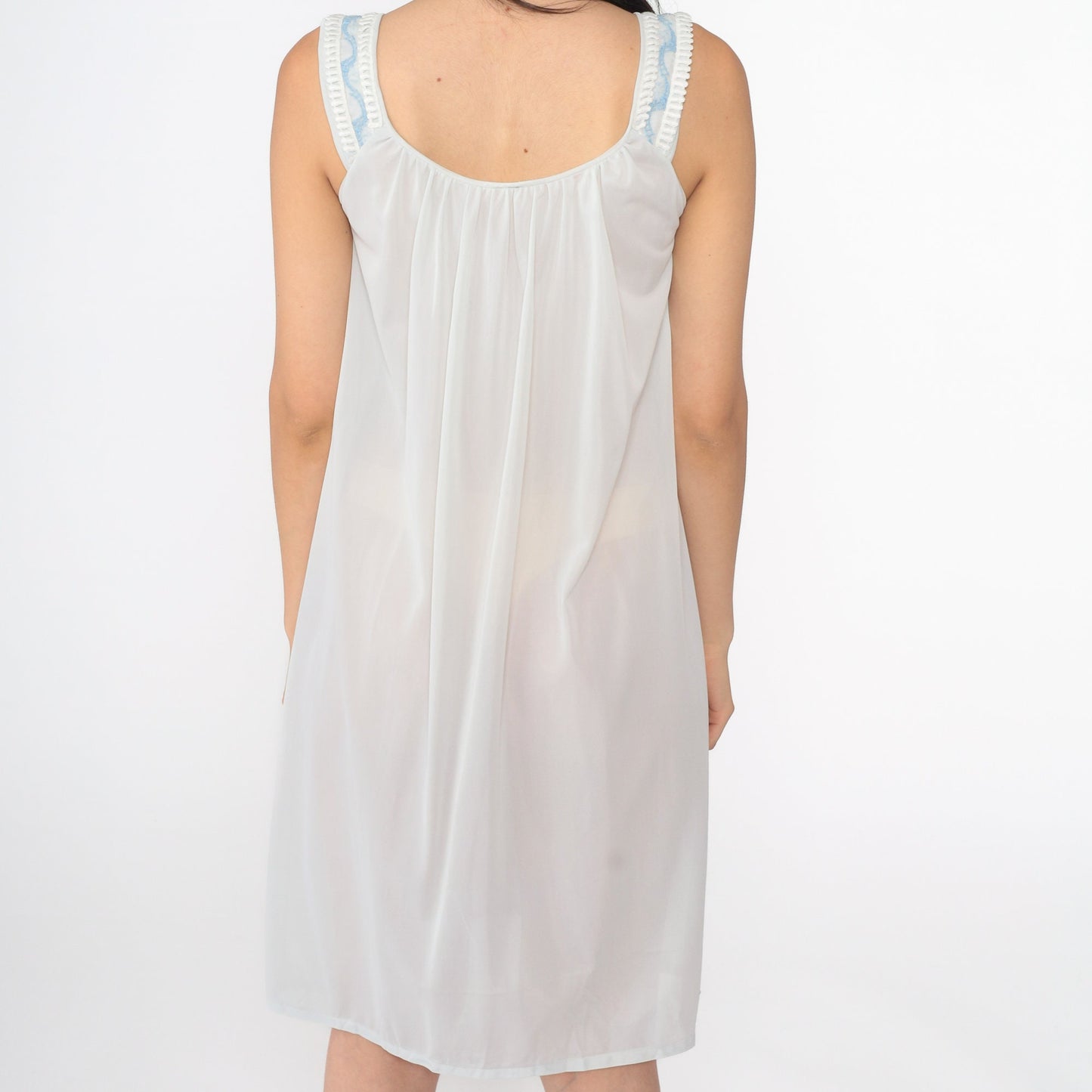 70s Baby Blue Nylon Nightgown Lace Embroidered Mini Slip Sleeveless Small