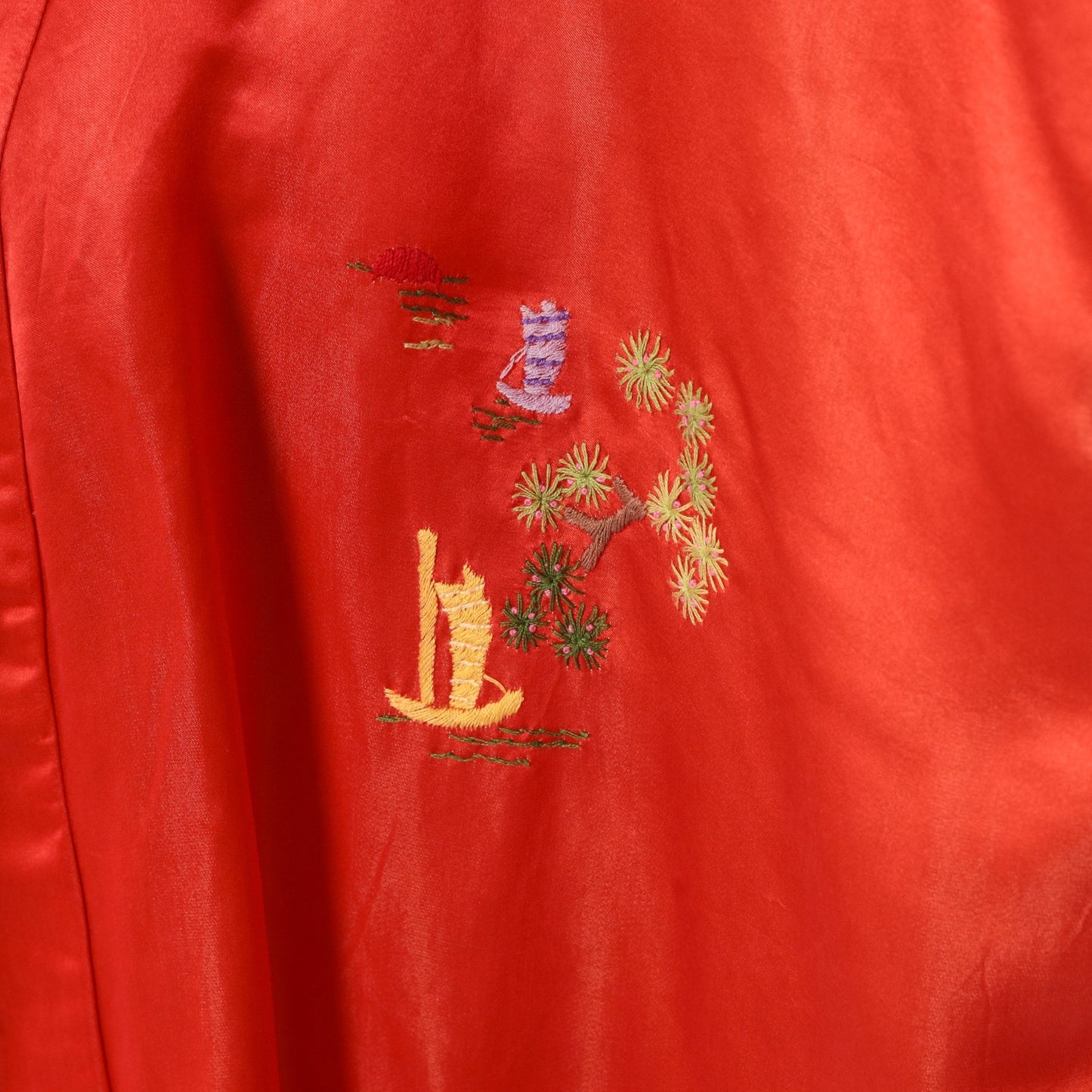 80s Red Silk Kimono Robe Embroidered Pagoda Trees Open Front Small