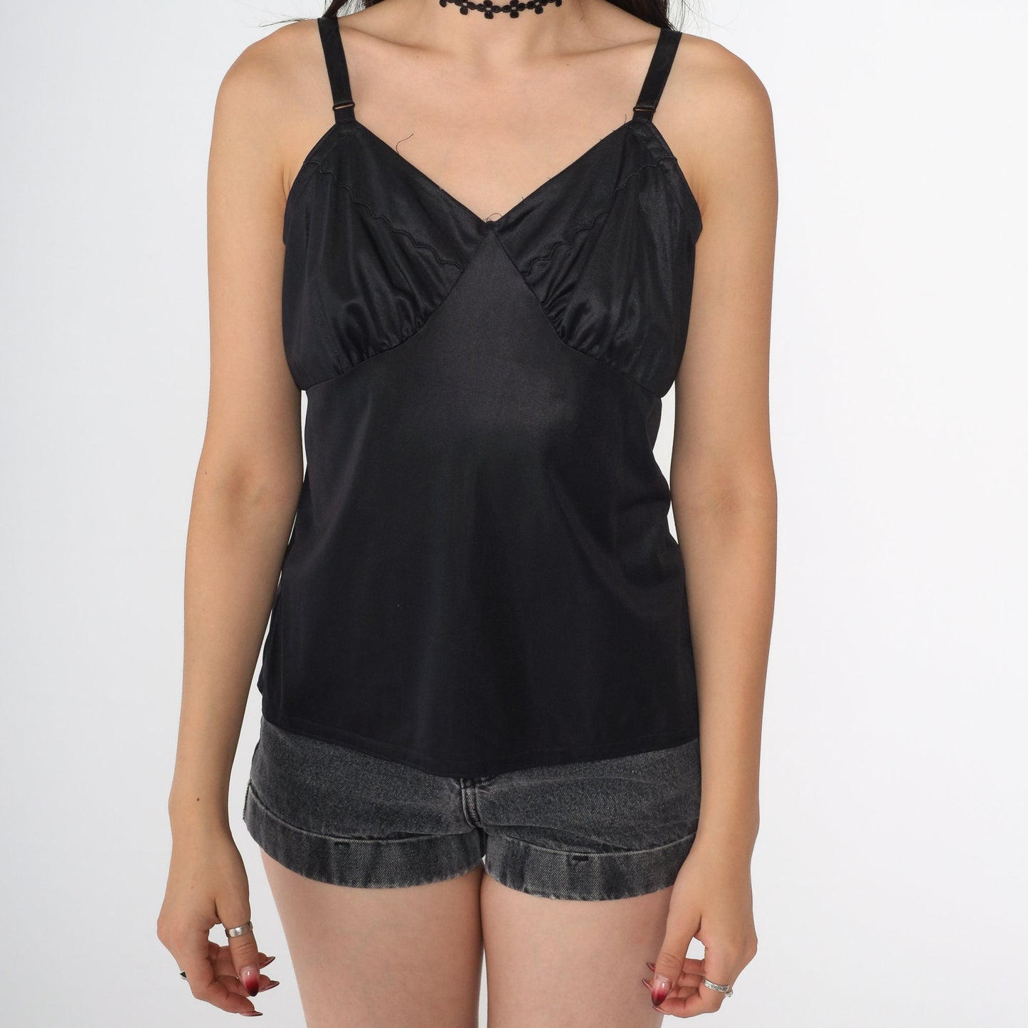 80s Black Nylon Camisole Empire Waist Spaghetti Strap Tank Medium