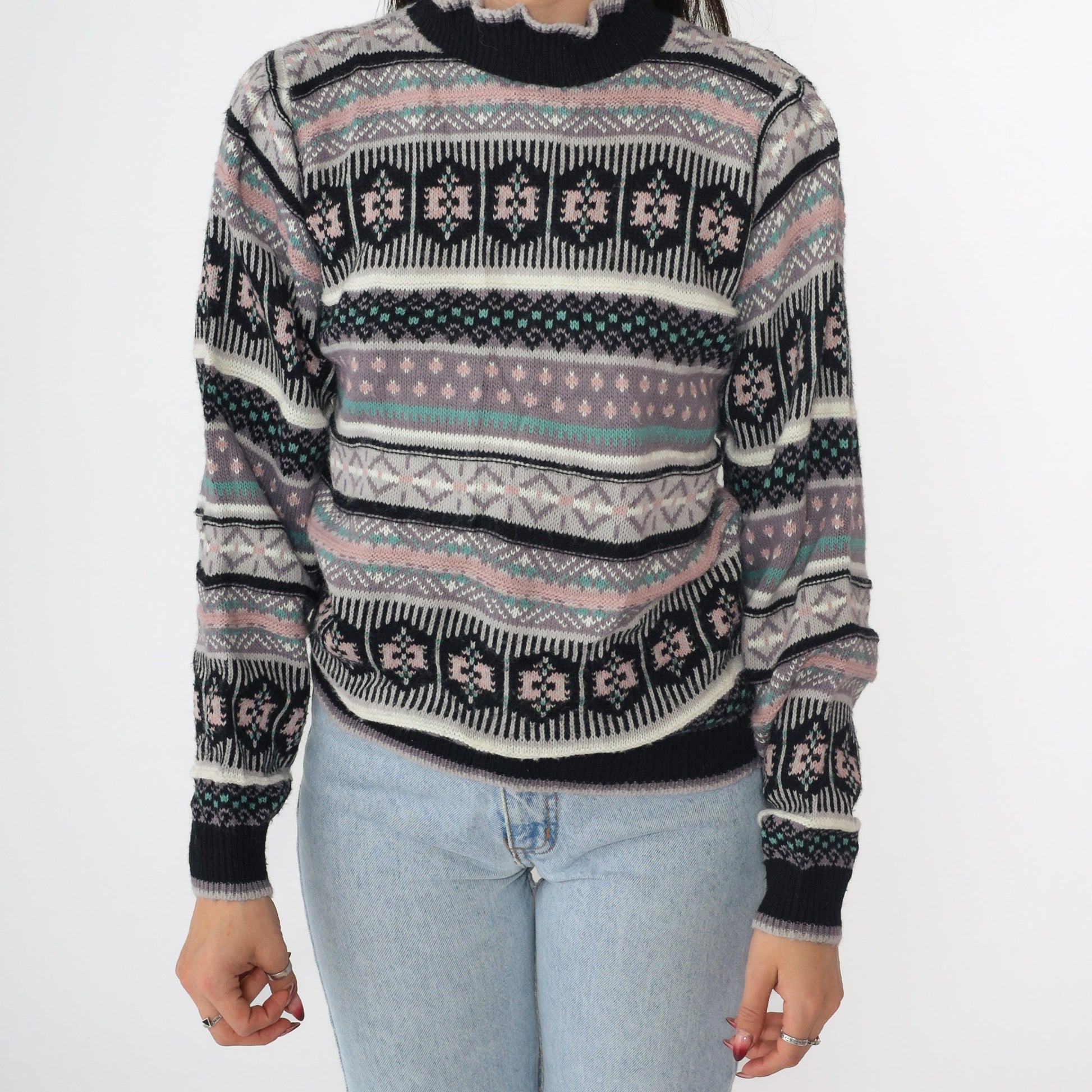 80s Black Geometric Puff Sleeve Sweater Funnel Neck Knit Small