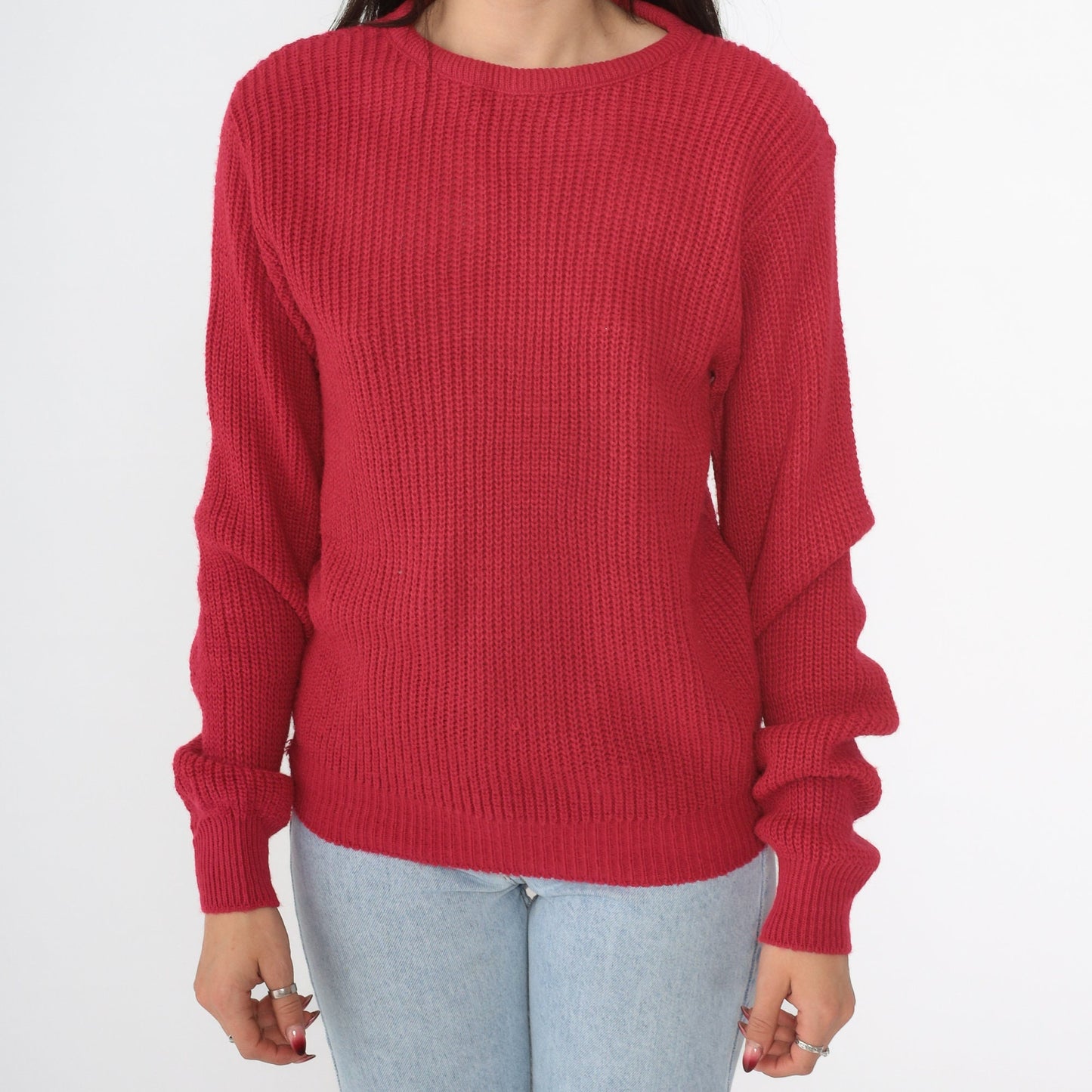 90s Red Ribbed Knit Crewneck Sweater Acrylic Pullover Extra Small XS