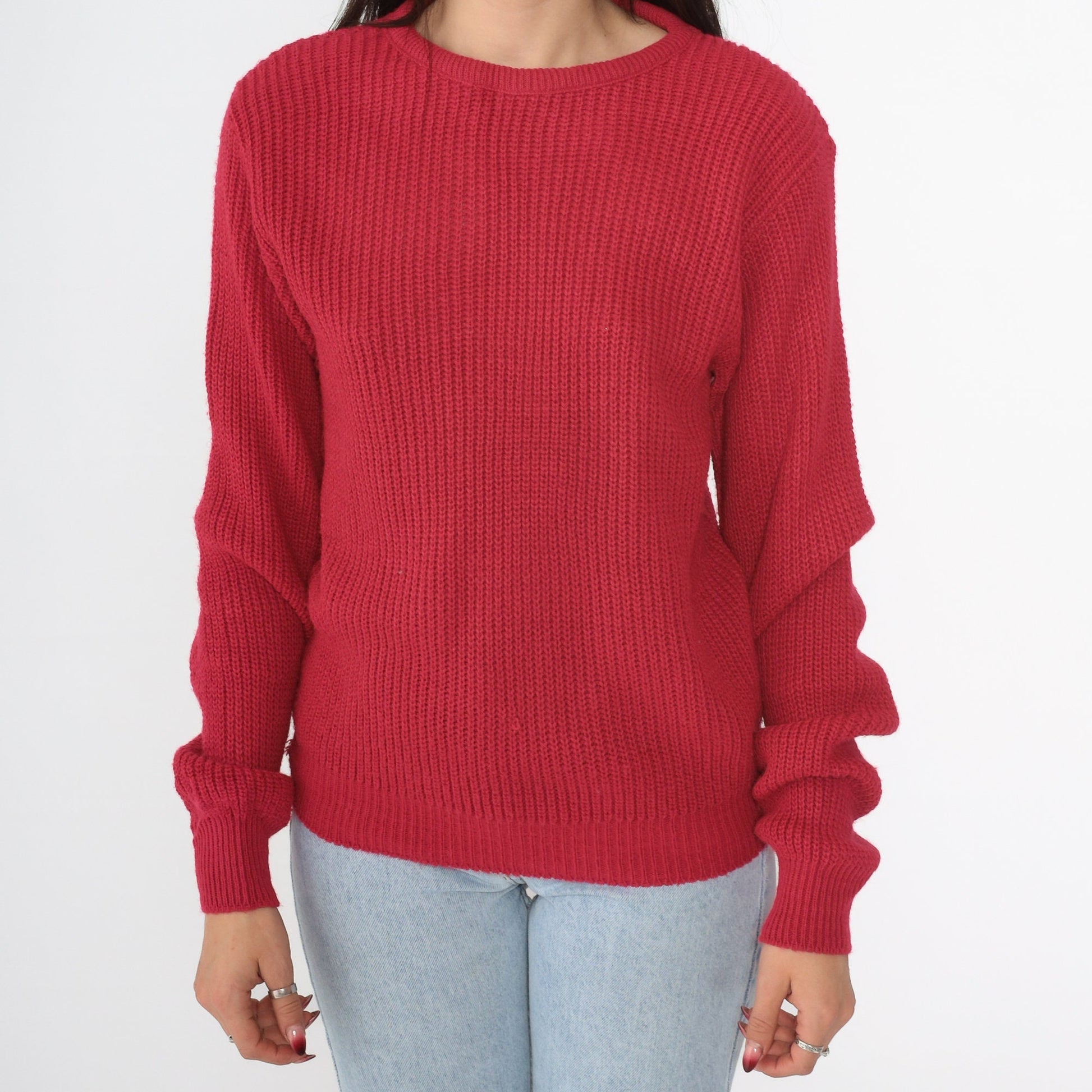 90s Red Ribbed Knit Crewneck Sweater Acrylic Pullover Extra Small XS