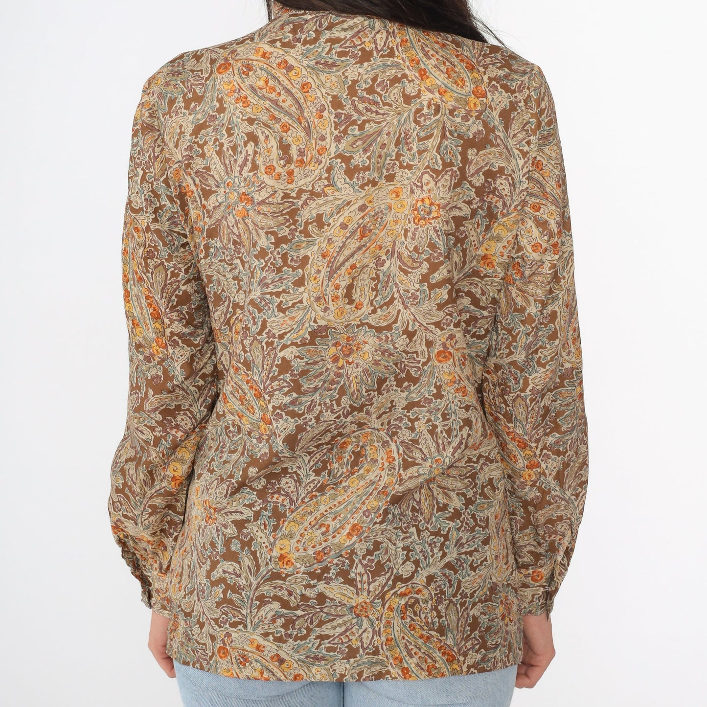 70s Floral Paisley Ascot Blouse Button-Up Long Sleeve Brown Small