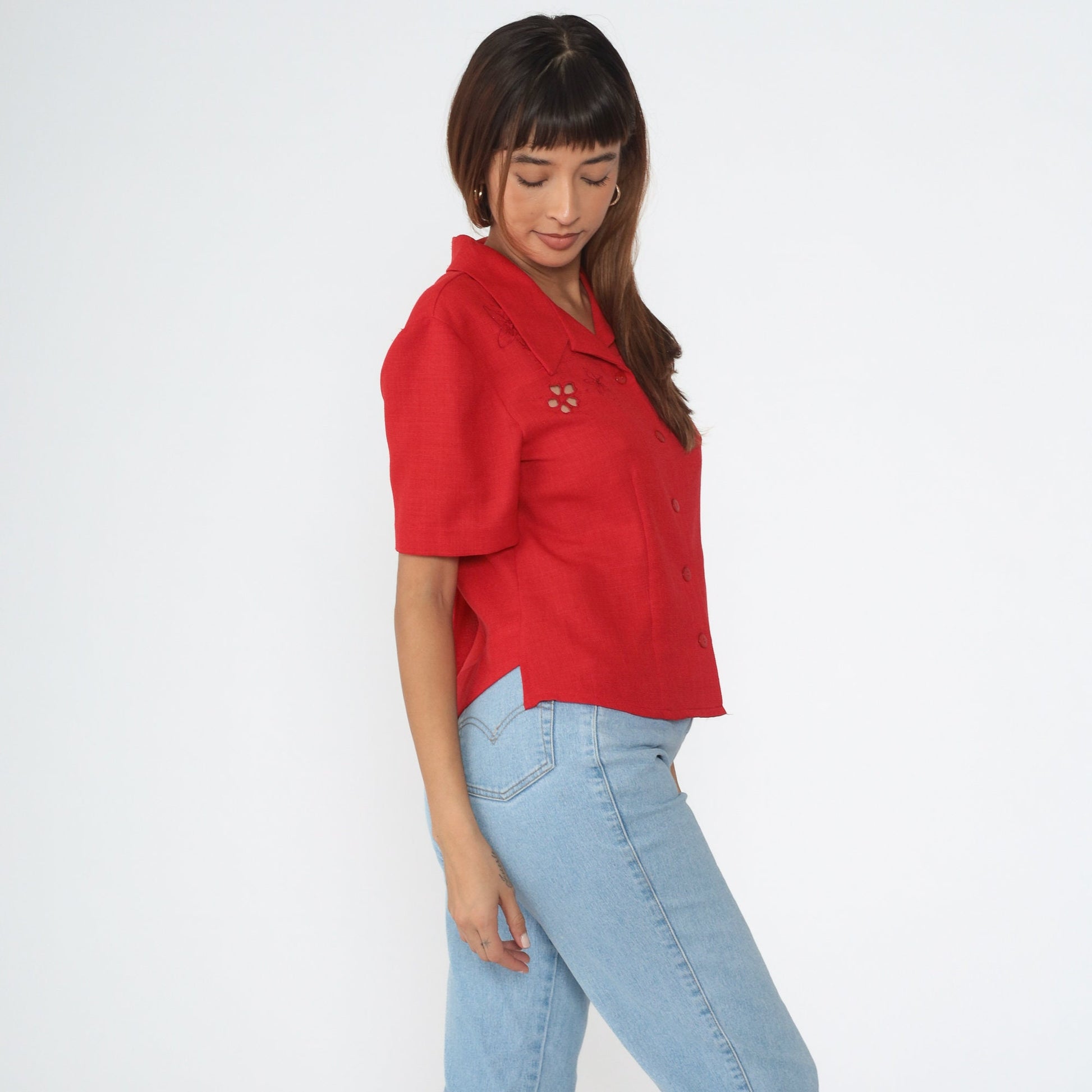 90s Red Floral Embroidered Cutout Button-Up Blouse Short Sleeve Medium