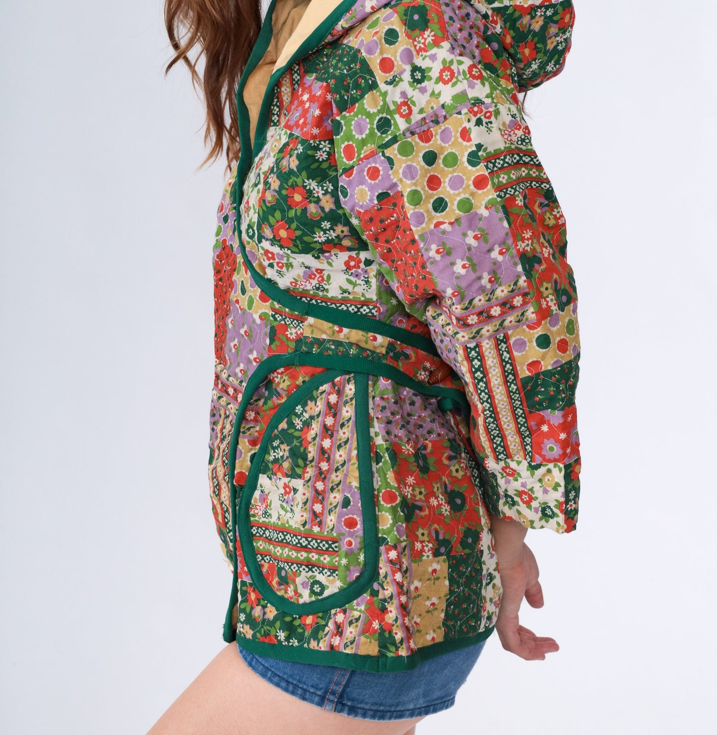 70s Patchwork Floral Quilted Hooded Jacket Green Wrap Toggle Small