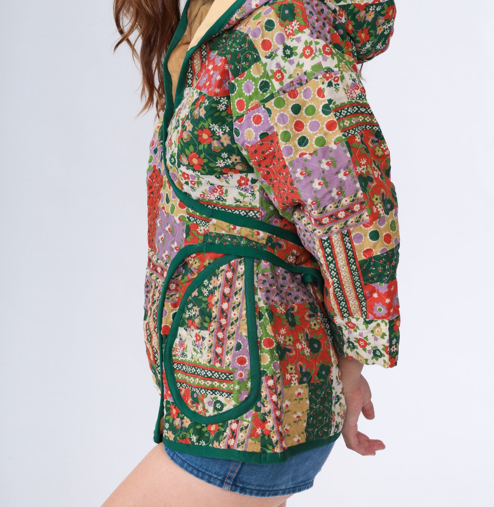 70s Patchwork Floral Quilted Hooded Jacket Green Wrap Toggle Small