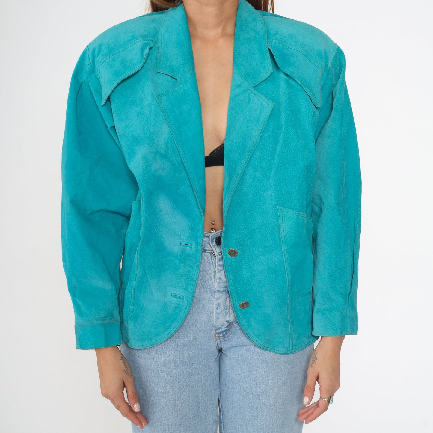 80s Turquoise Suede Leather Blazer V-Neck Shoulder Jacket Small