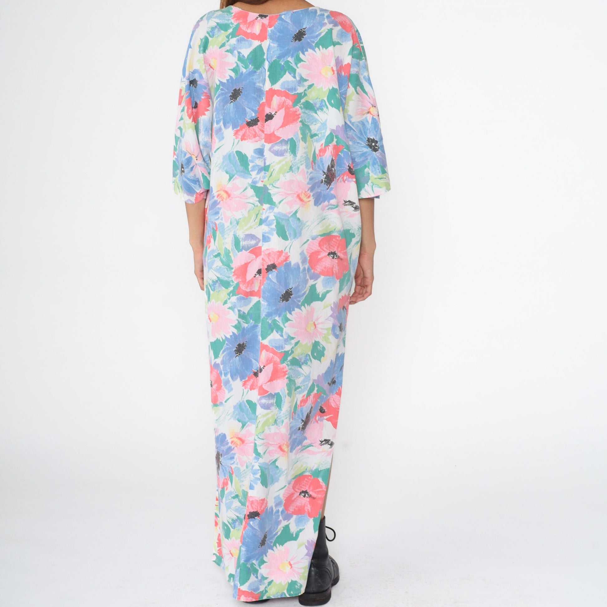 80s Floral Maxi Dress White Watercolor Surplice V-Neck 3/4 Sleeve Medium