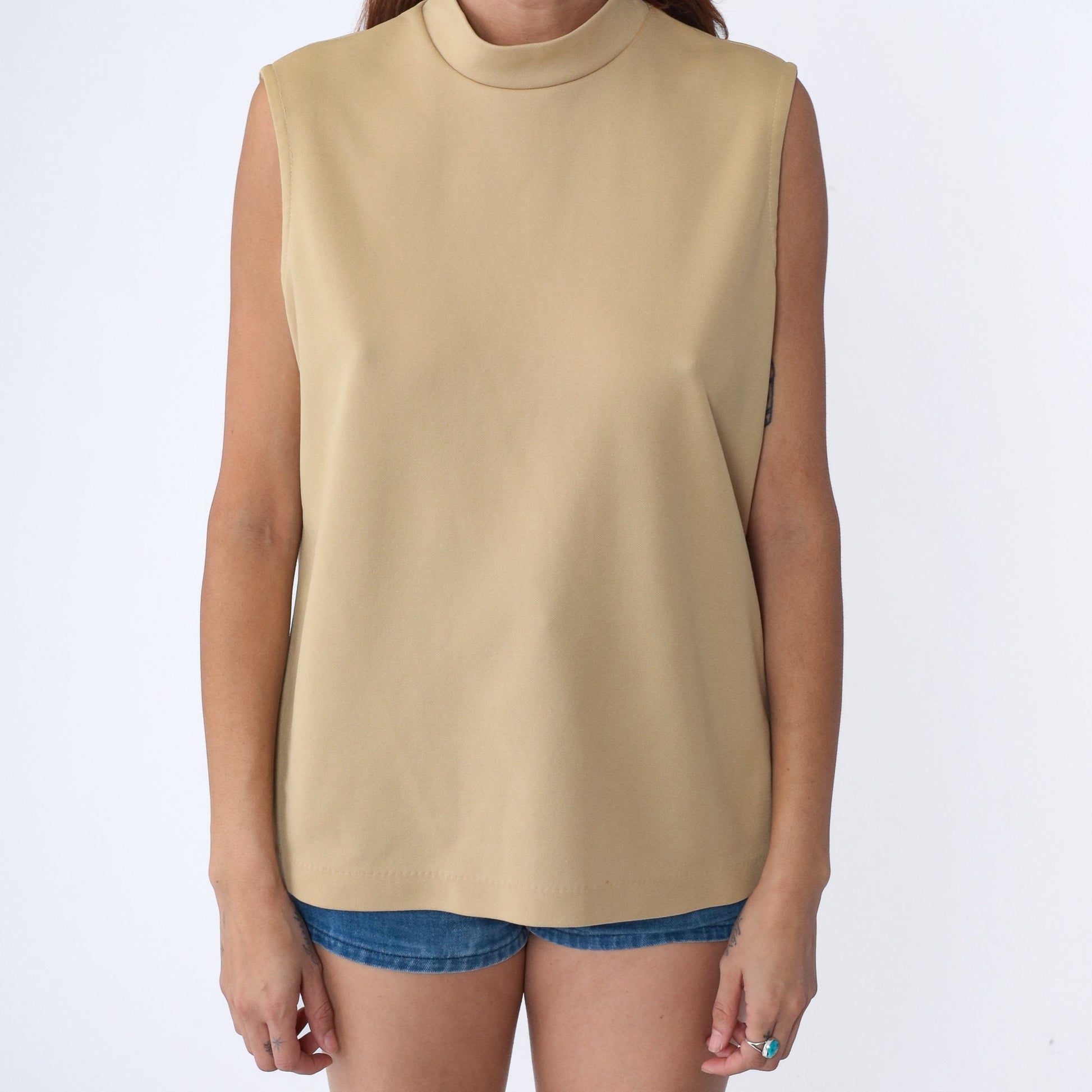 70s Beige Mock Neck Tank Top Sleeveless Blouse Large L