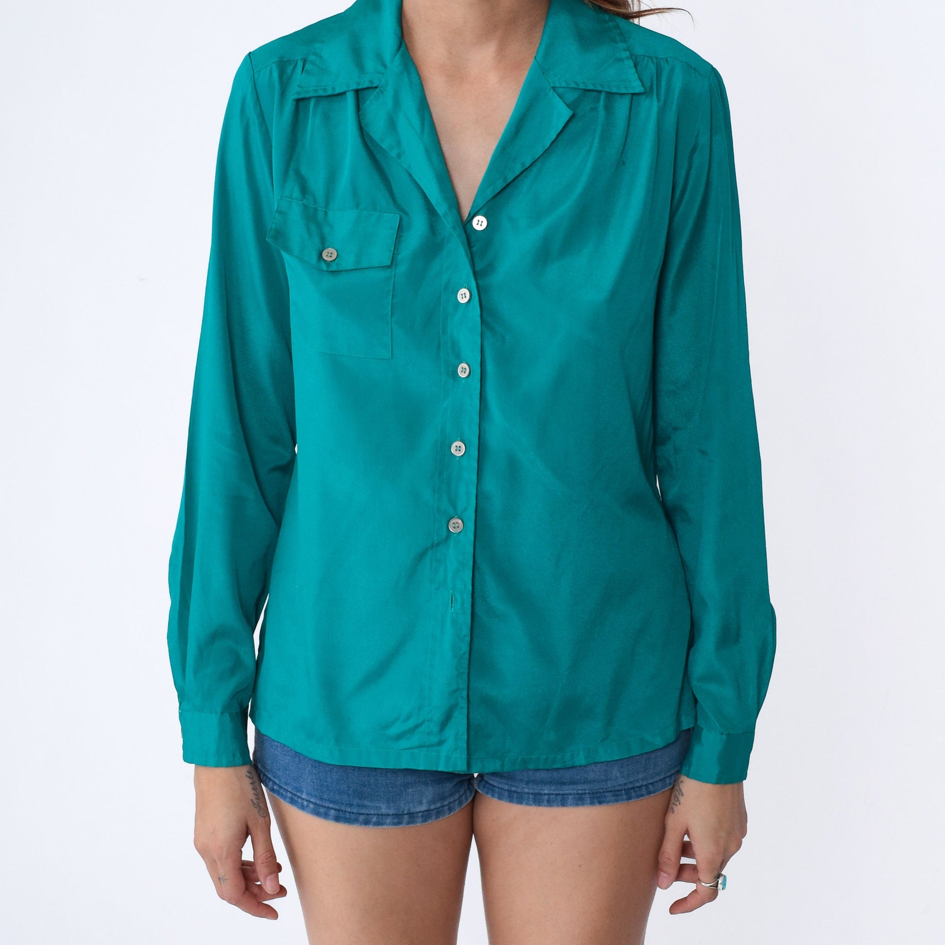 90s Teal Green Button-Up Blouse Notch Collar Long Sleeve Medium