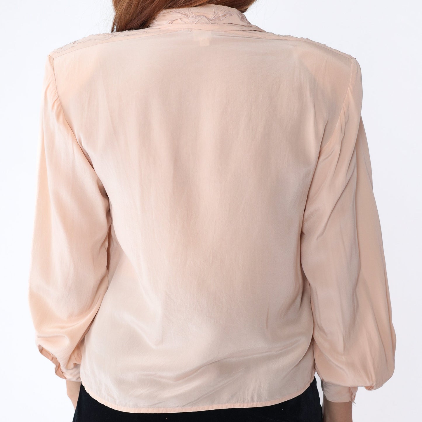 80s Paul Alexander Pink Silk Blouse Floral Embroidered Pleated Collared Small