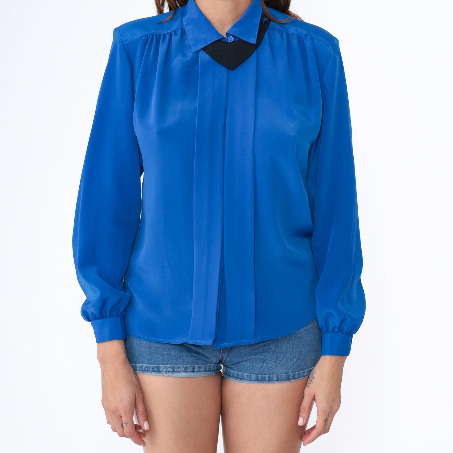 90s Royal Blue Pleated Blouse Detachable Collar Button-Up Long Sleeve Small S