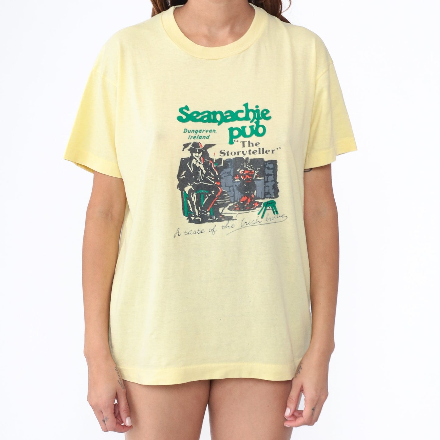 80s Screen Stars Seanachie Pub Dungarvan Ireland Graphic T-Shirt Yellow Large