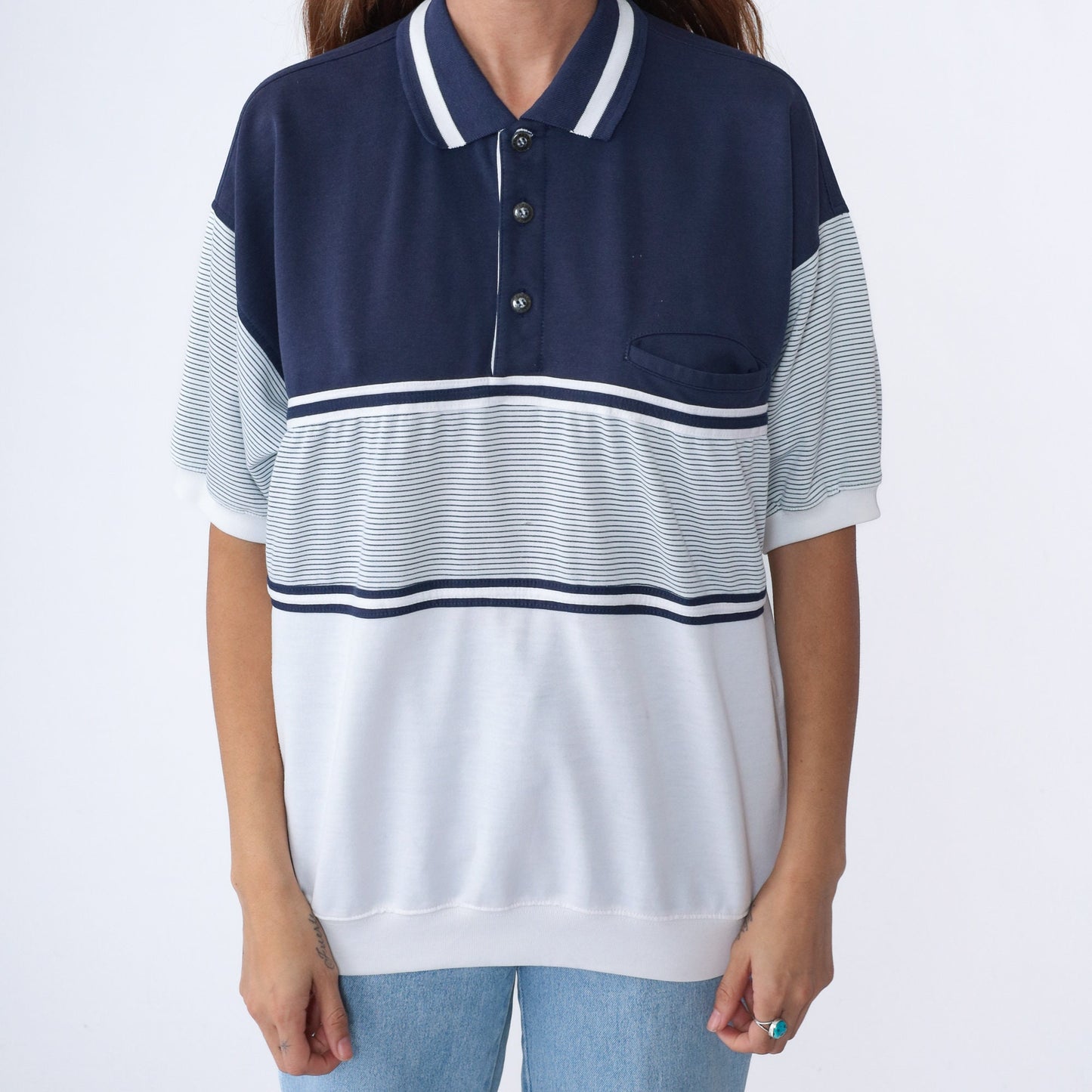 90s Striped Polo Shirt White Navy Blue Banded Hem Chest Pocket Extra Large XL