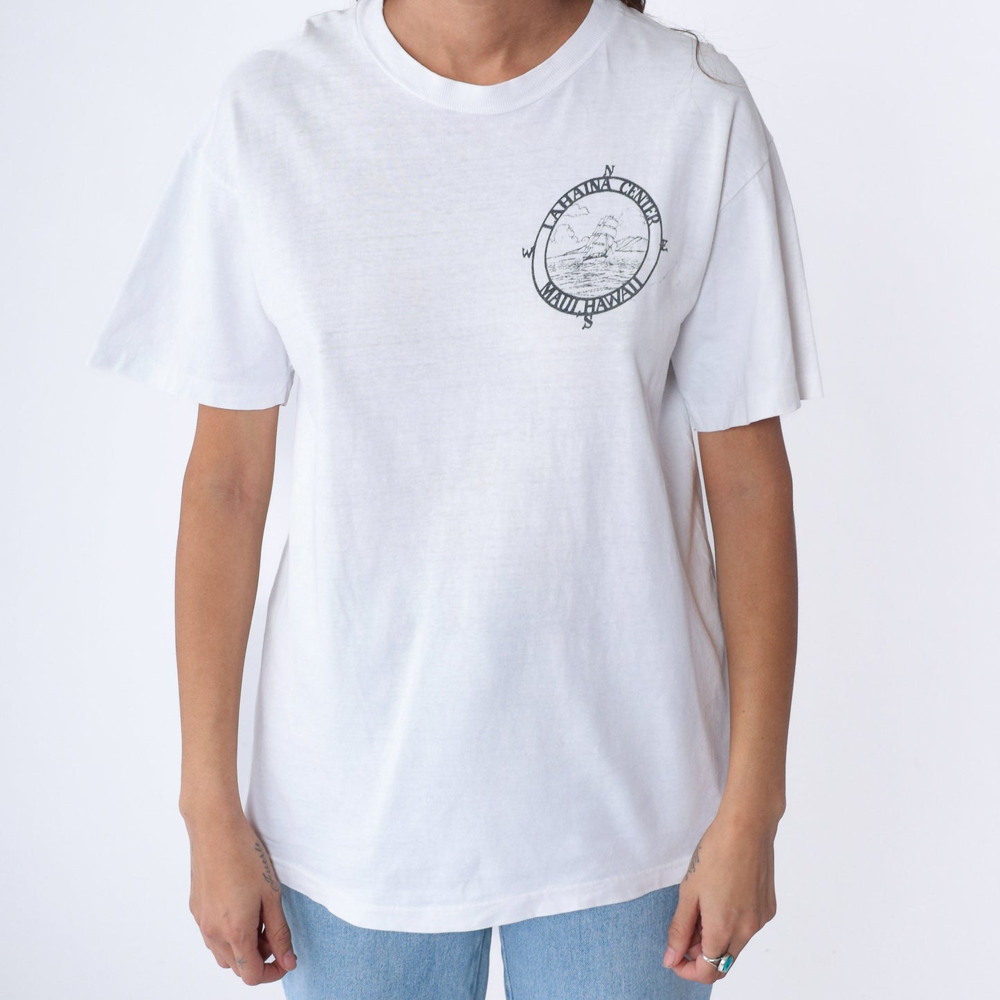 90s Lahaina Center Hawaii Graphic T-Shirt Wooden Ship Compass White Cotton Medium