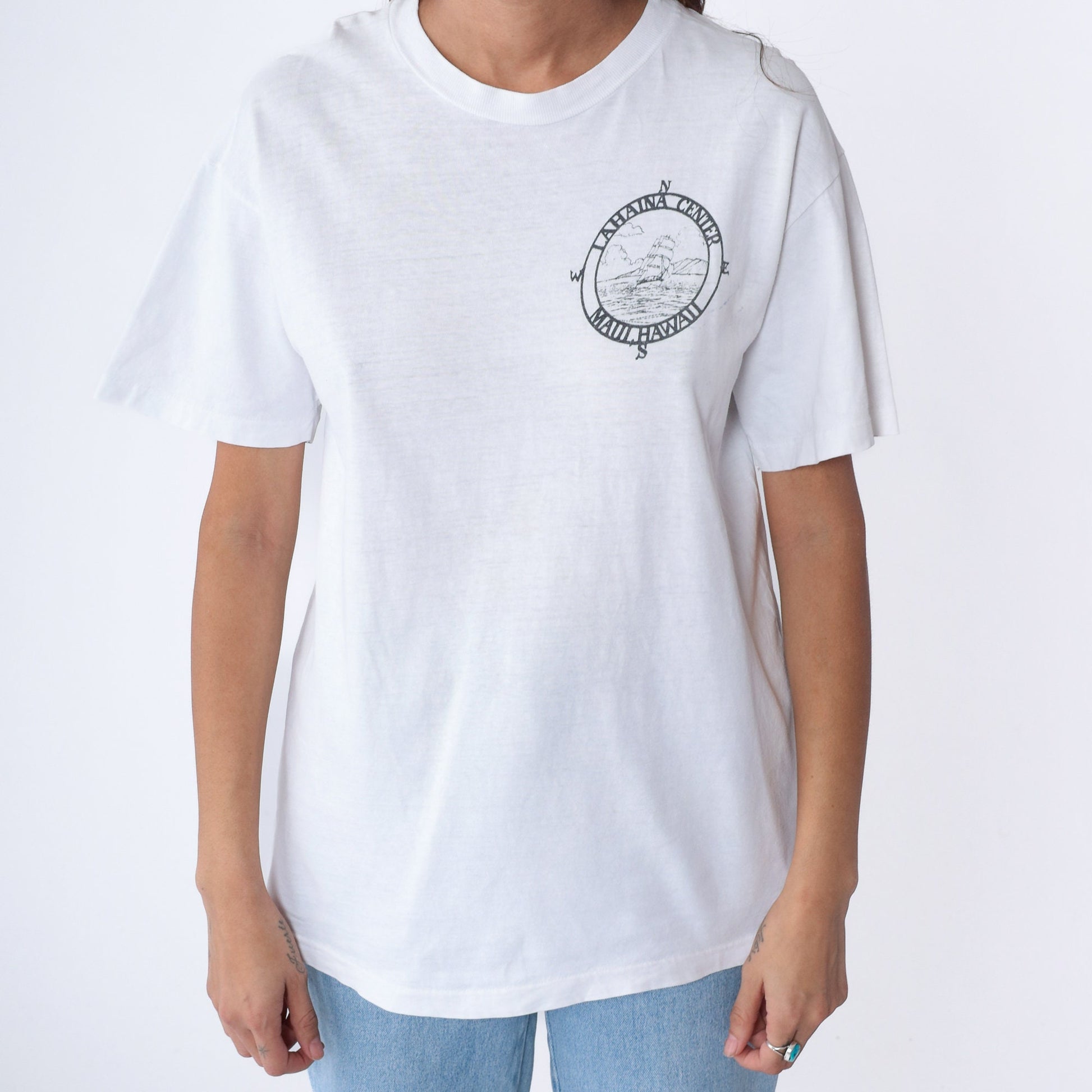 90s Lahaina Center Hawaii Graphic T-Shirt Wooden Ship Compass White Cotton Medium