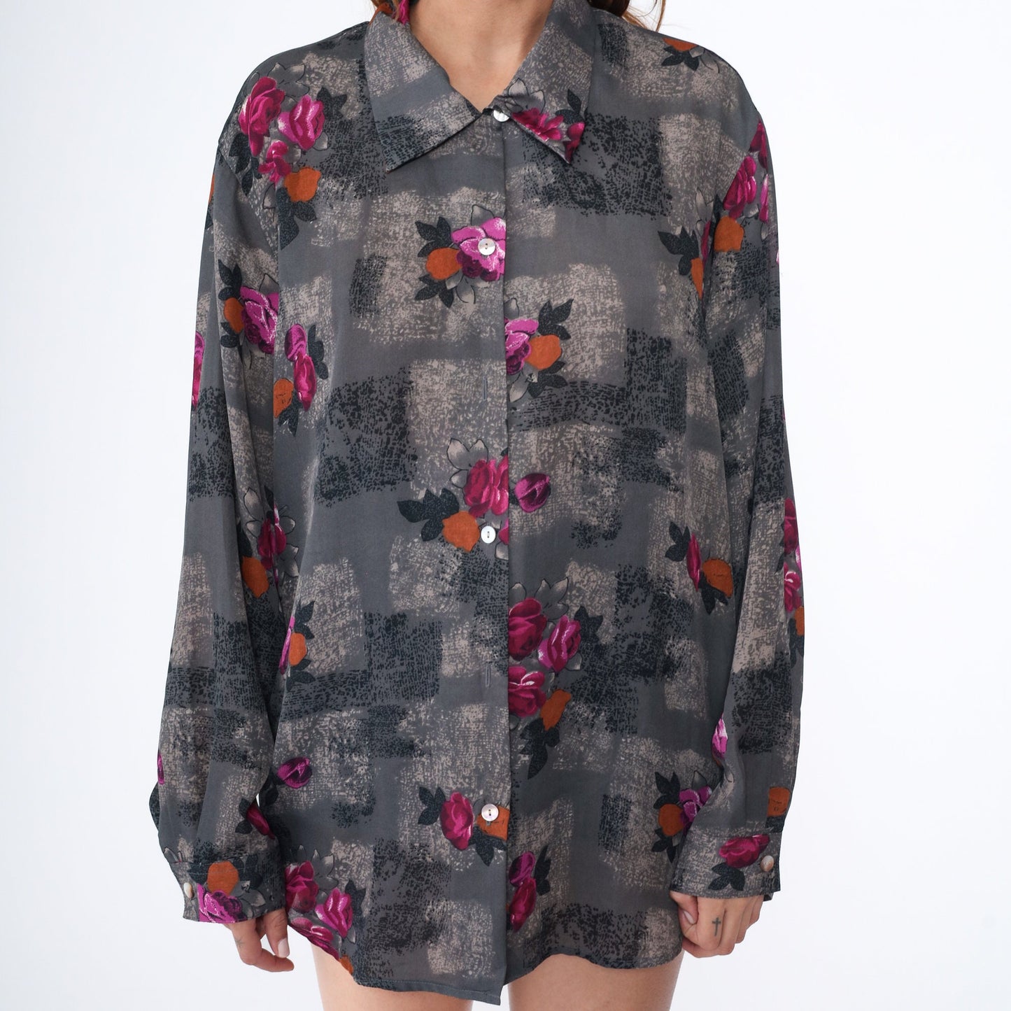 90s Grey Floral Button-Up Shirt Long Sleeve Geometric Print Plus Size XXL
