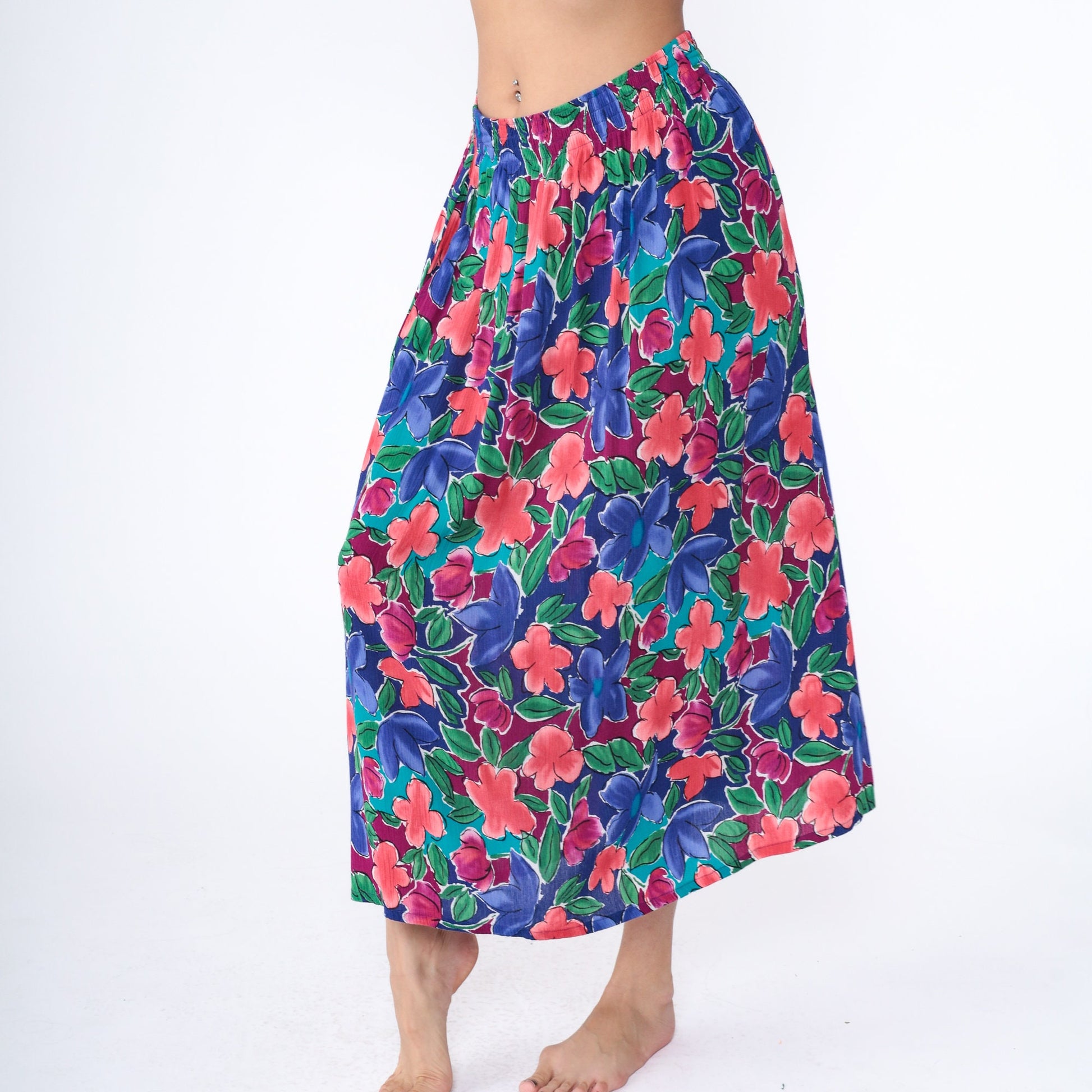 80s The Villager Floral Maxi Skirt Rayon High Waist Ankle Length Blue Medium