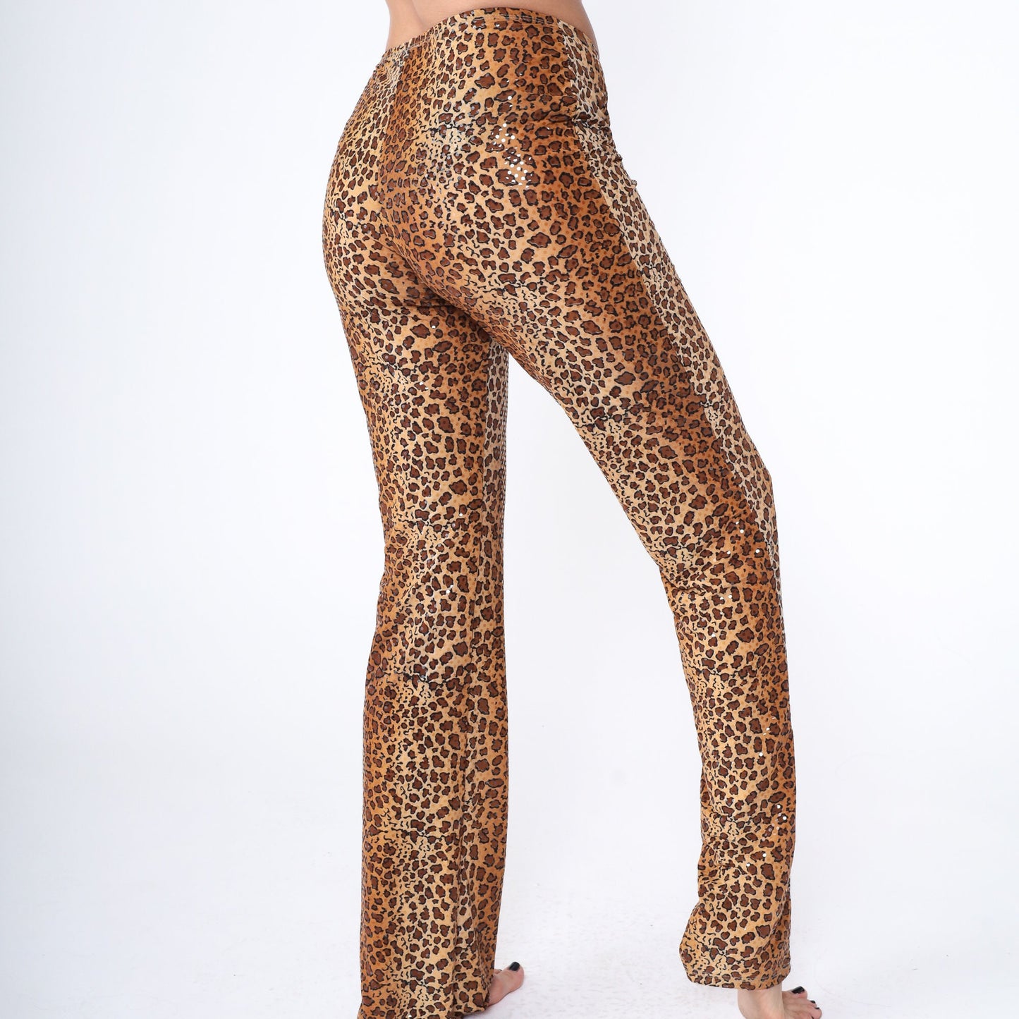 00s Hot Kiss Leopard Glitter Flared Pants Low Rise Y2K Large