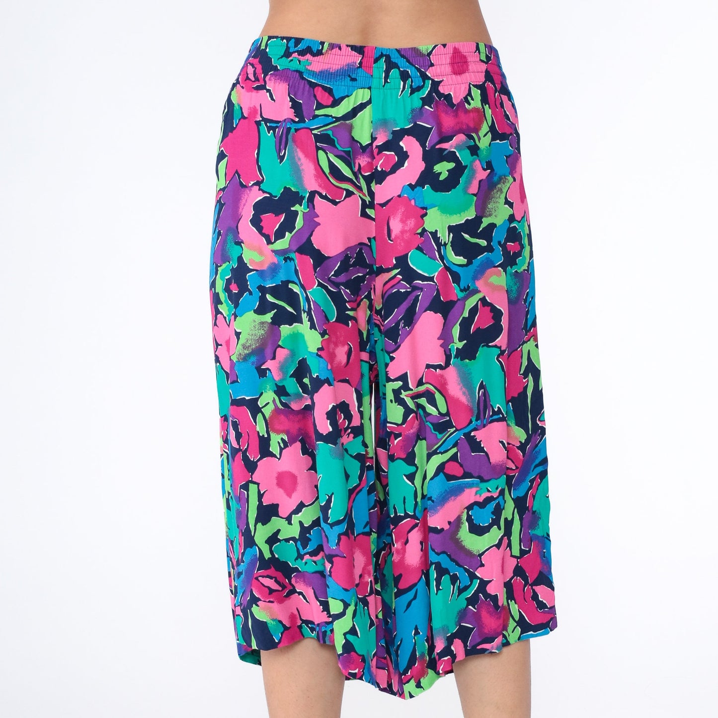 90s Floral Capri Pants High Waist Pleated Wide Leg Abstract Print Purple Pink Medium