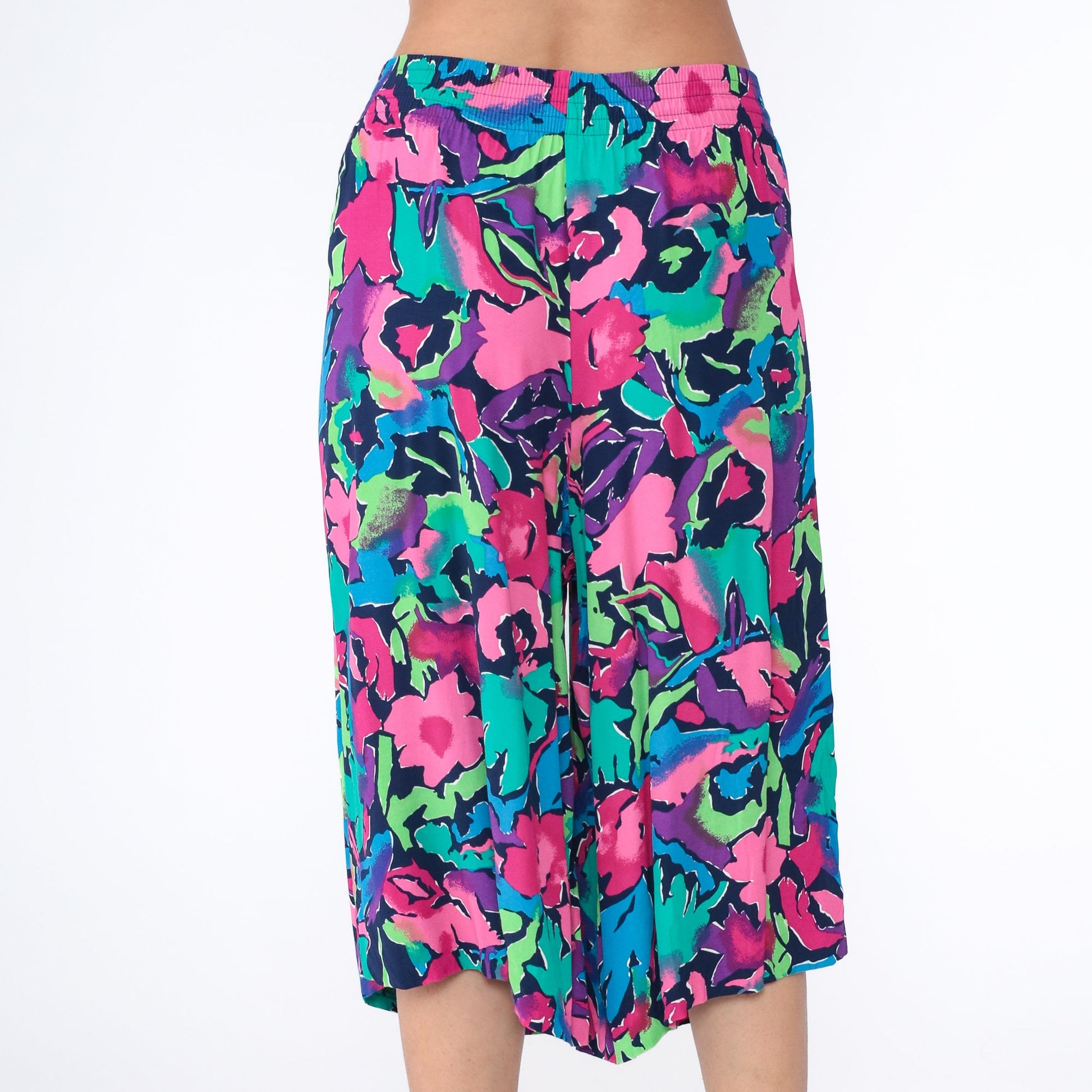90s Floral Capri Pants High Waist Pleated Wide Leg Abstract Print Purple Pink Medium