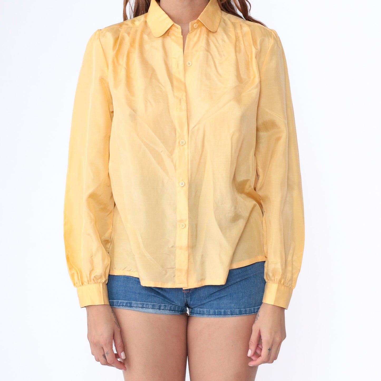 80s Adori Yellow Silk Puff Sleeve Button-Up Blouse Collar Medium