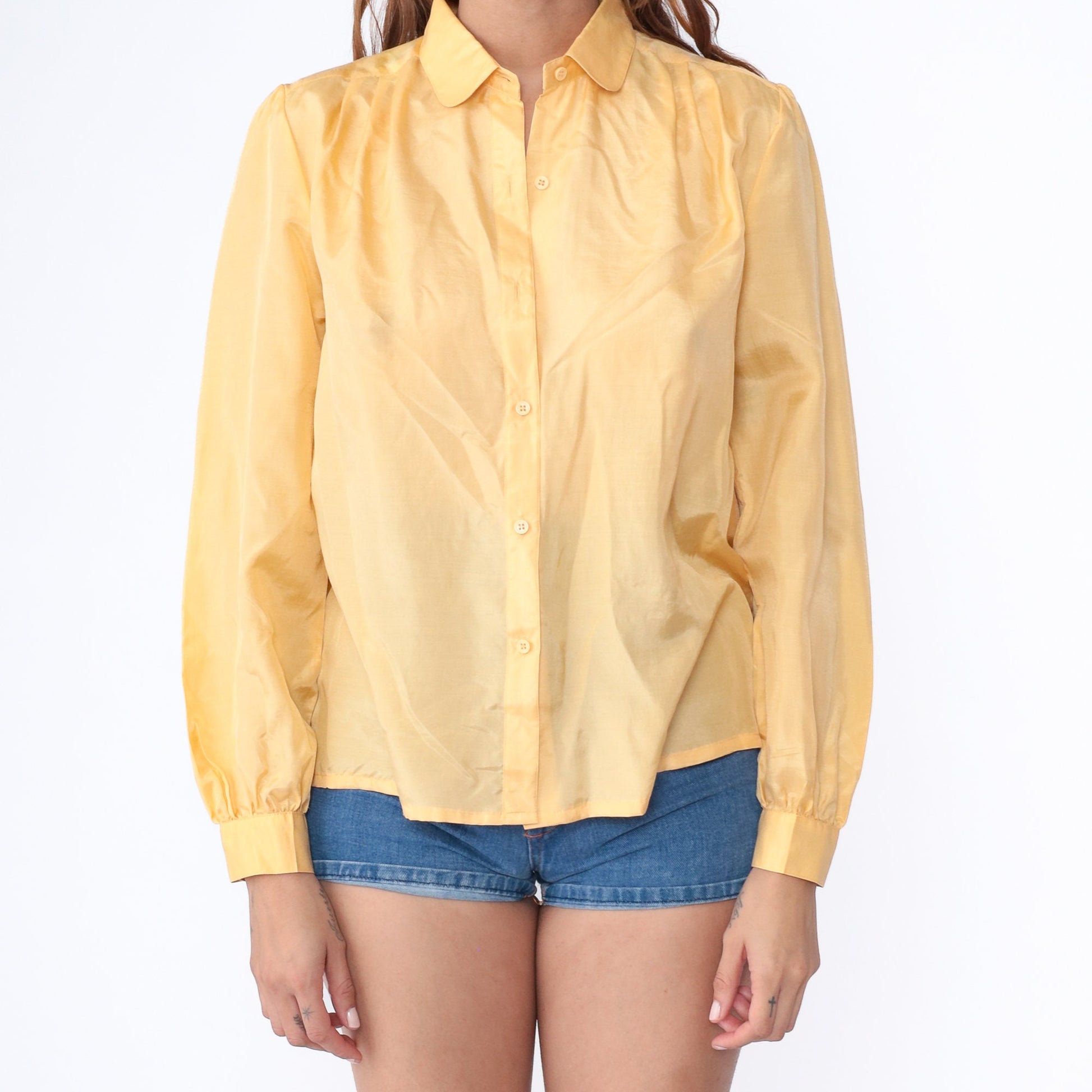 80s Adori Yellow Silk Puff Sleeve Button-Up Blouse Collar Medium