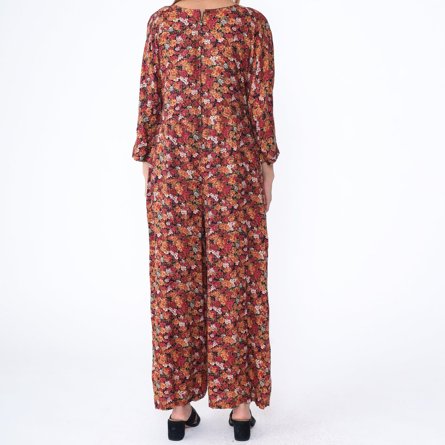 90s Red Orange Floral Rayon Jumpsuit Wide Leg Scoop Neck Medium