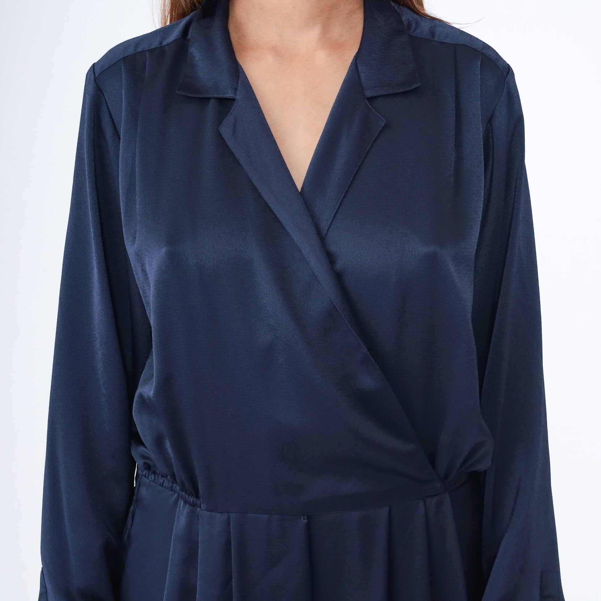 90s Liz Claiborne Navy Wrap Jumpsuit V Neck Tapered Wide Leg Medium