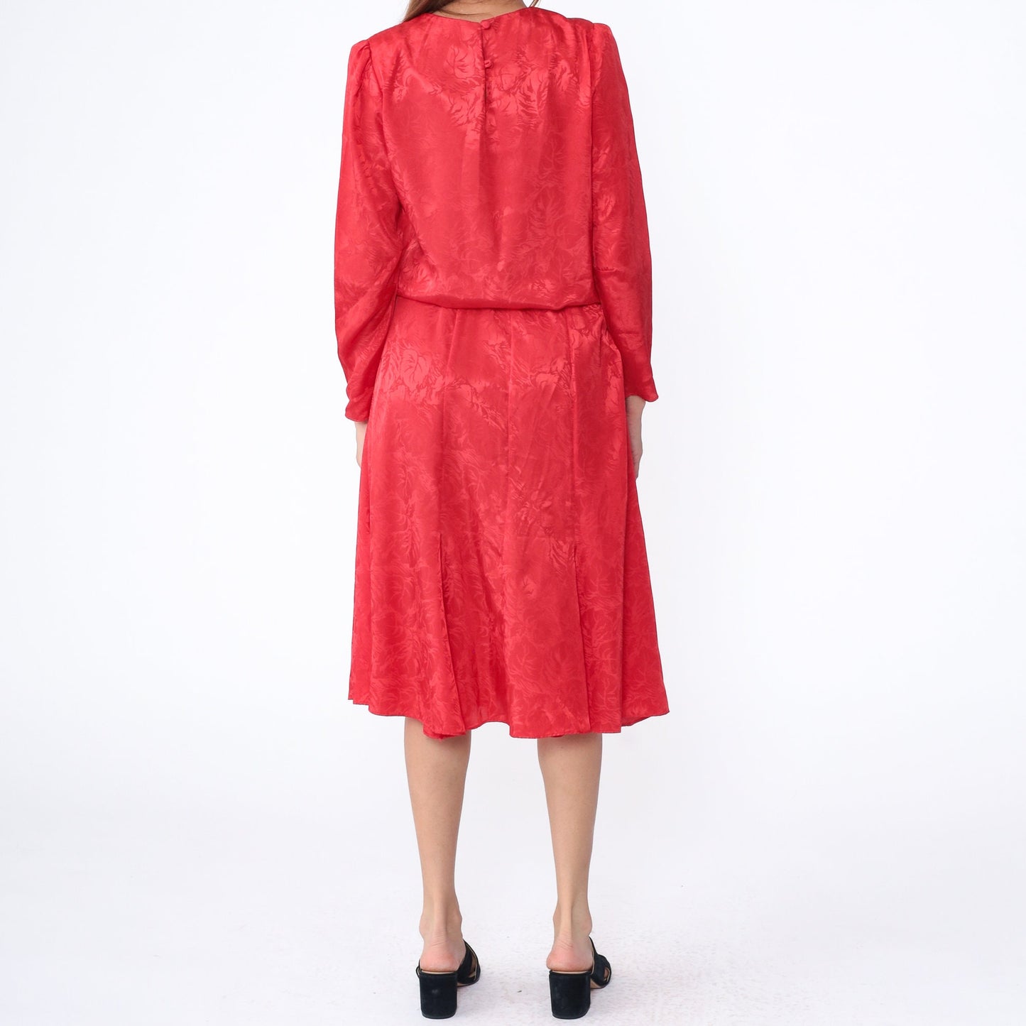 80s Red Embossed Leaf Midi Dress Puff Sleeve Blouson Waist Medium M