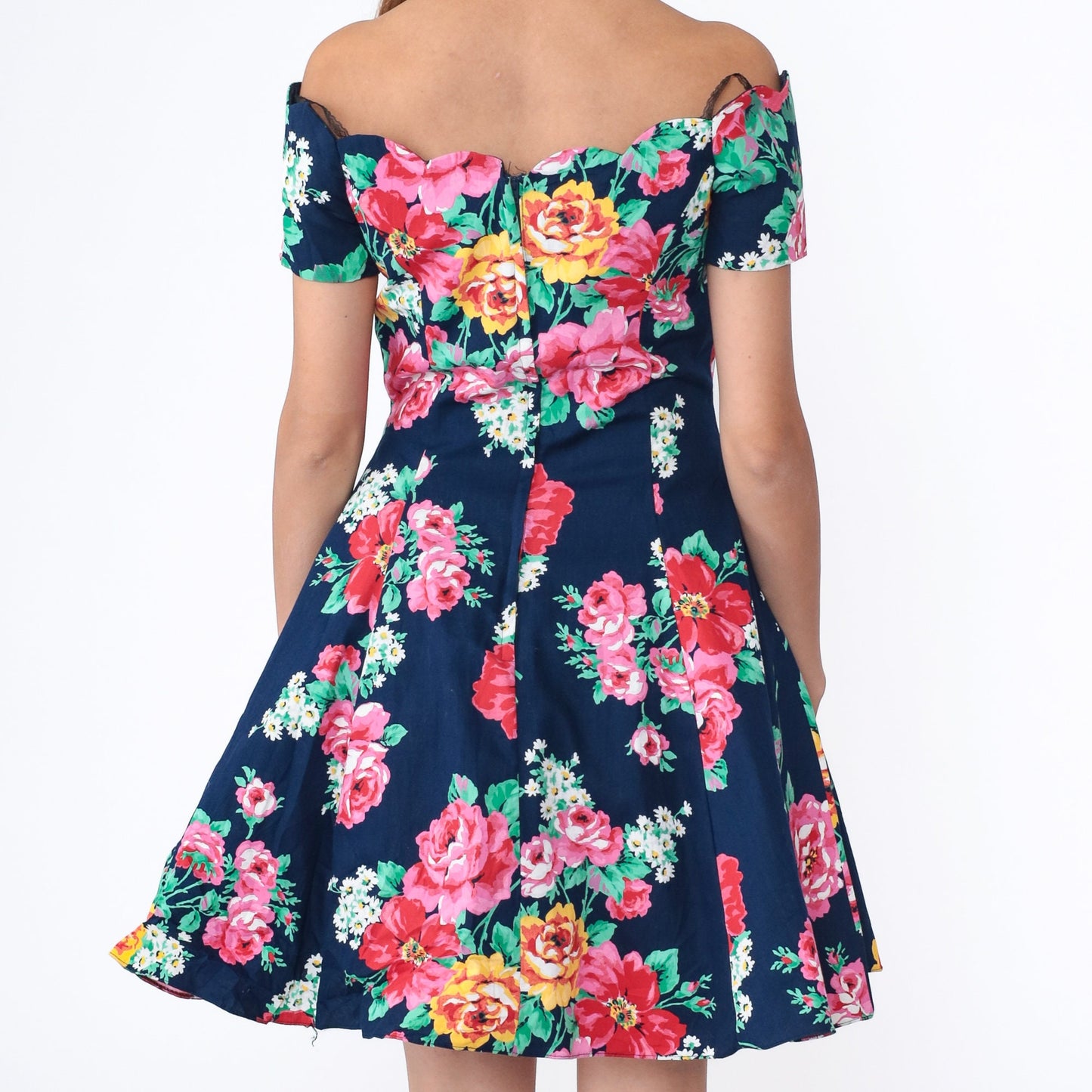 80s Floral Off-Shoulder Mini Dress Navy Blue Scalloped Neckline Small S