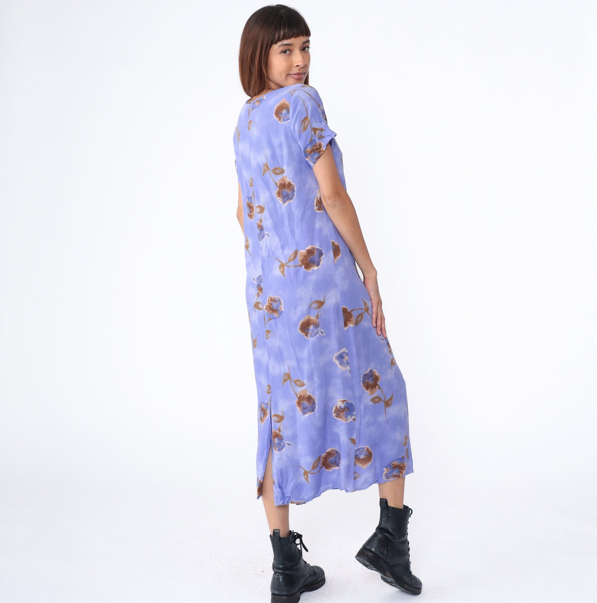 90s Floral Midi Shift Dress Purple Rayon Short Sleeve Scoop Neck Small