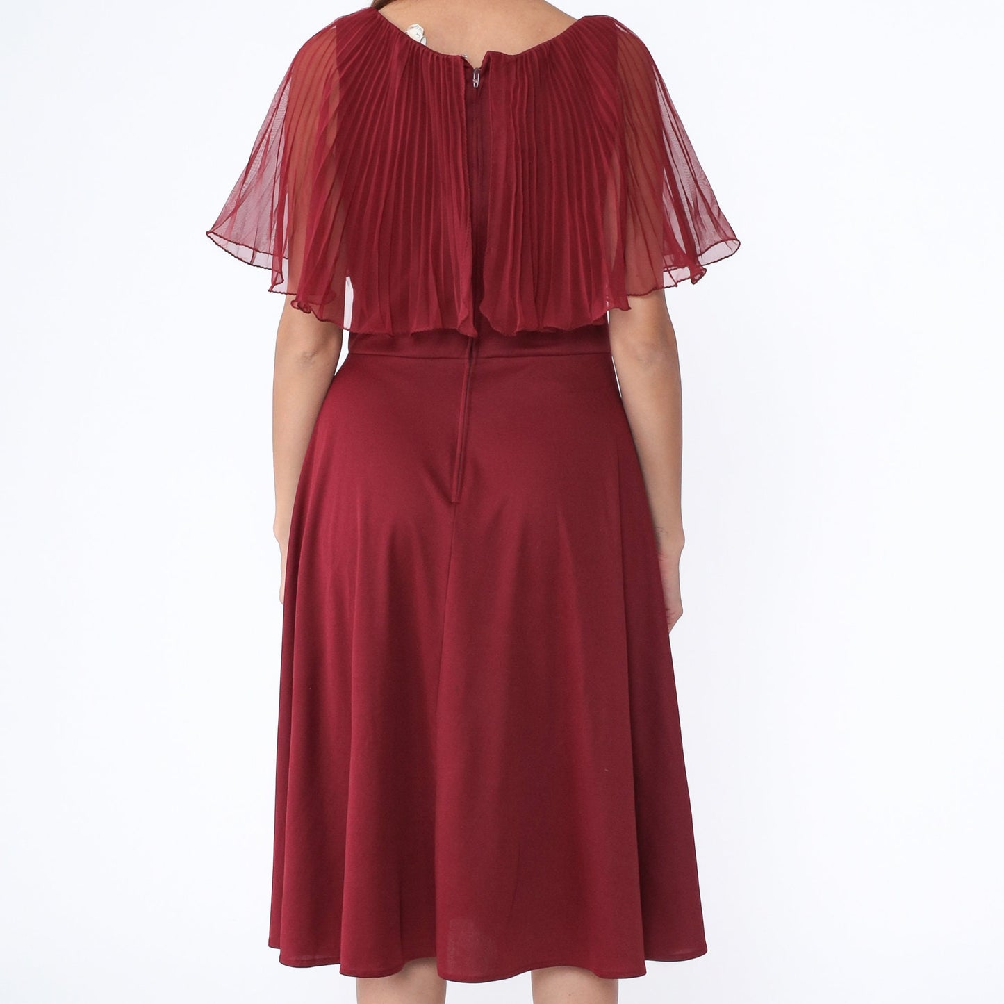70s Burgundy Chiffon Midi Dress Pleated Capelet High Waist Medium