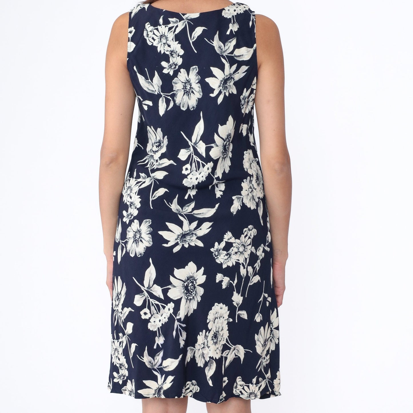 90s Navy Floral Midi Dress Sleeveless Shift Sundress Medium