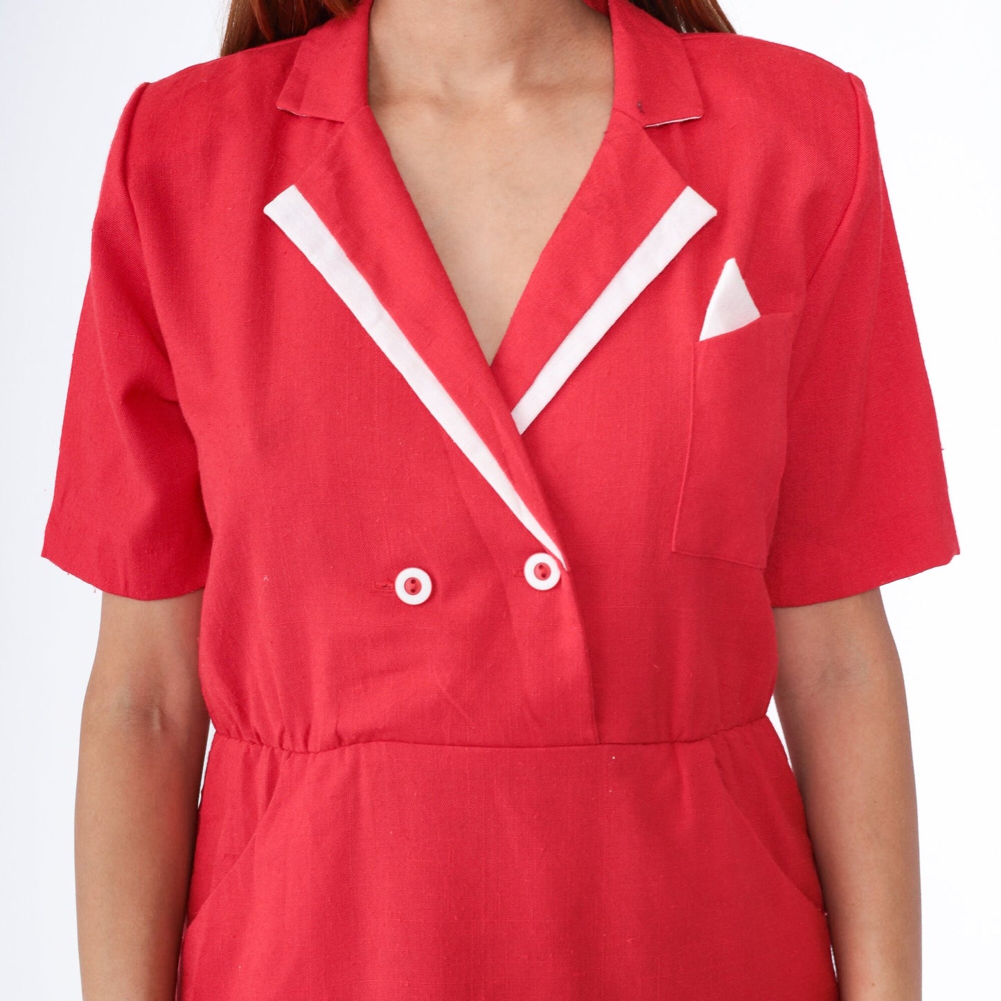 80s Red Wrap Midi Dress White Trim Collared Shirtwaist Medium