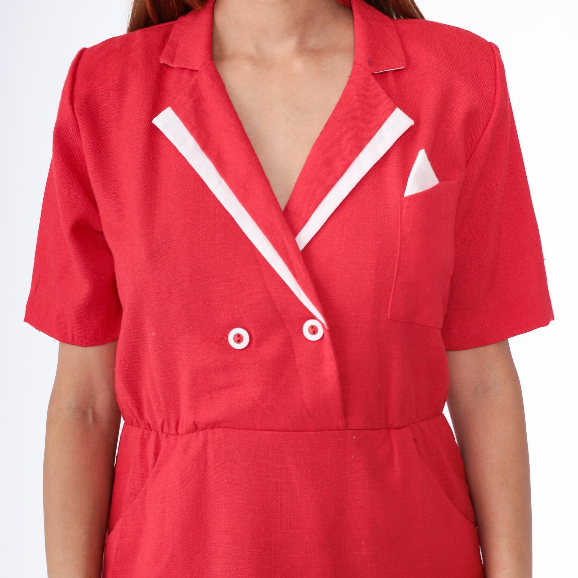 80s Red Wrap Midi Dress White Trim Collared Shirtwaist Medium