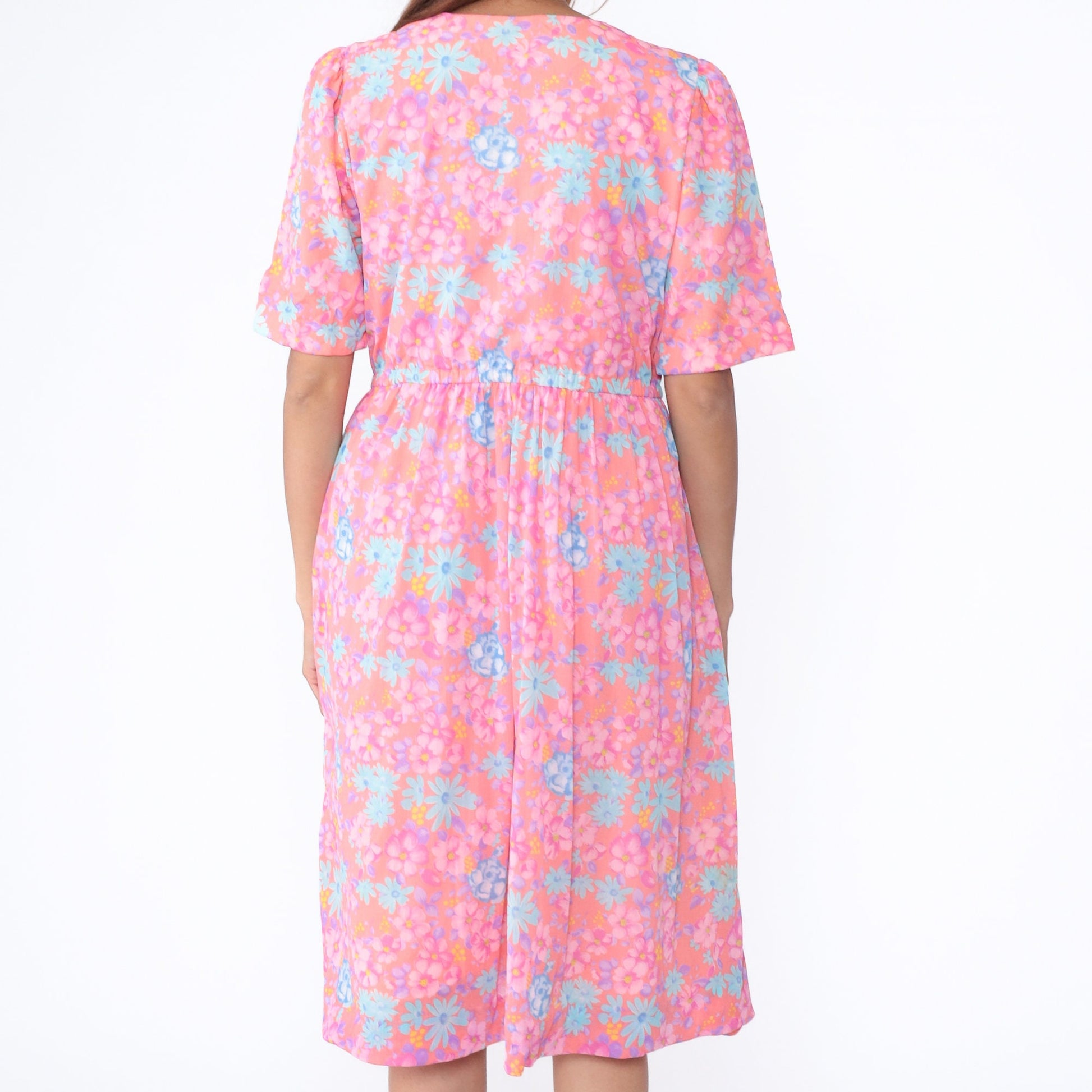 70s Floral Midi Dress Peach Pink High Waist Wrap V Neck Short Sleeve Large L