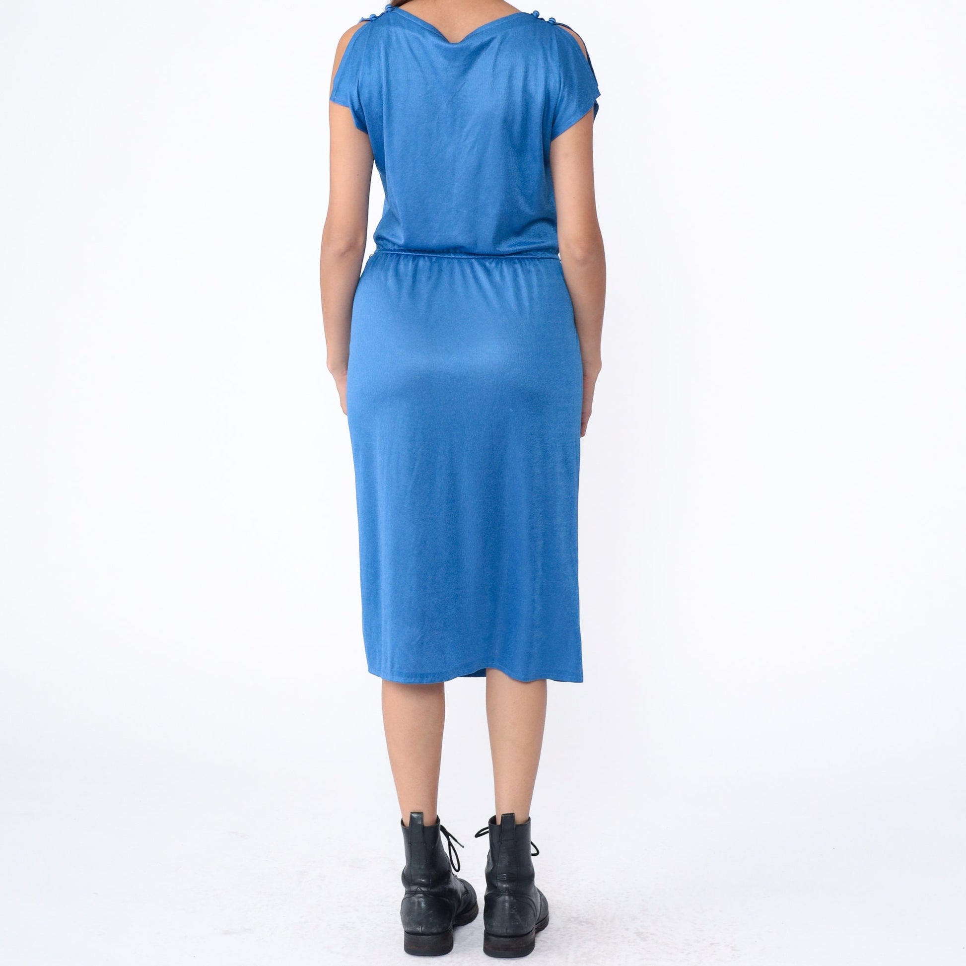 70s Blue Midi Dress Cap Sleeve High Elastic Waist Button Front Small