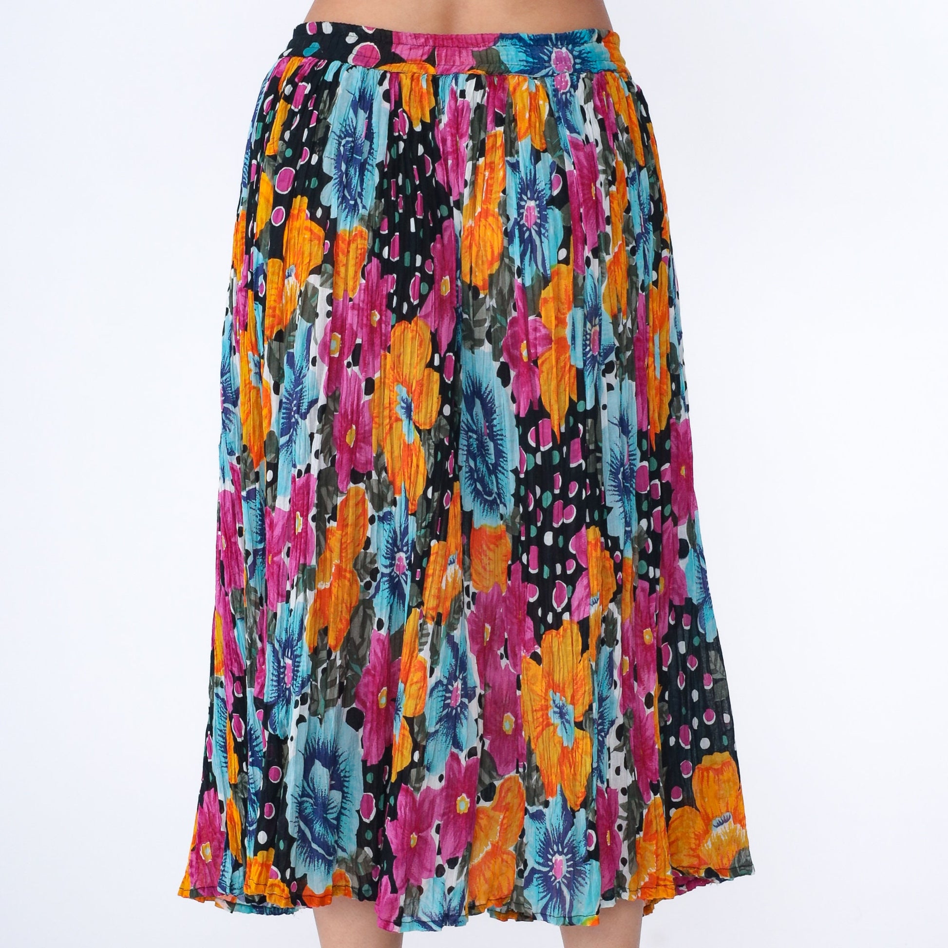 90s Floral Broomstick Skirt Drawstring Midi Cotton Orange Black Fuchsia Medium