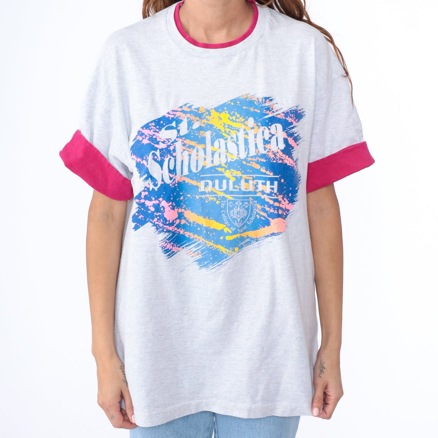 90s St. Scholastica College Ringer Tee Grey Pink Cuffed Sleeve Large