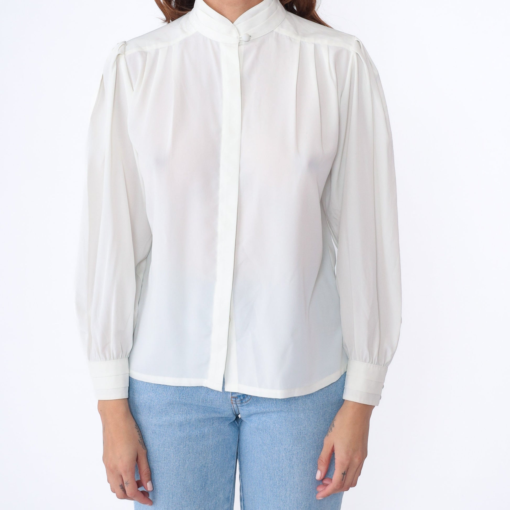 80s White Puff Sleeve Blouse Pleated Mandarin Collar Hidden Button Semi-Sheer Medium